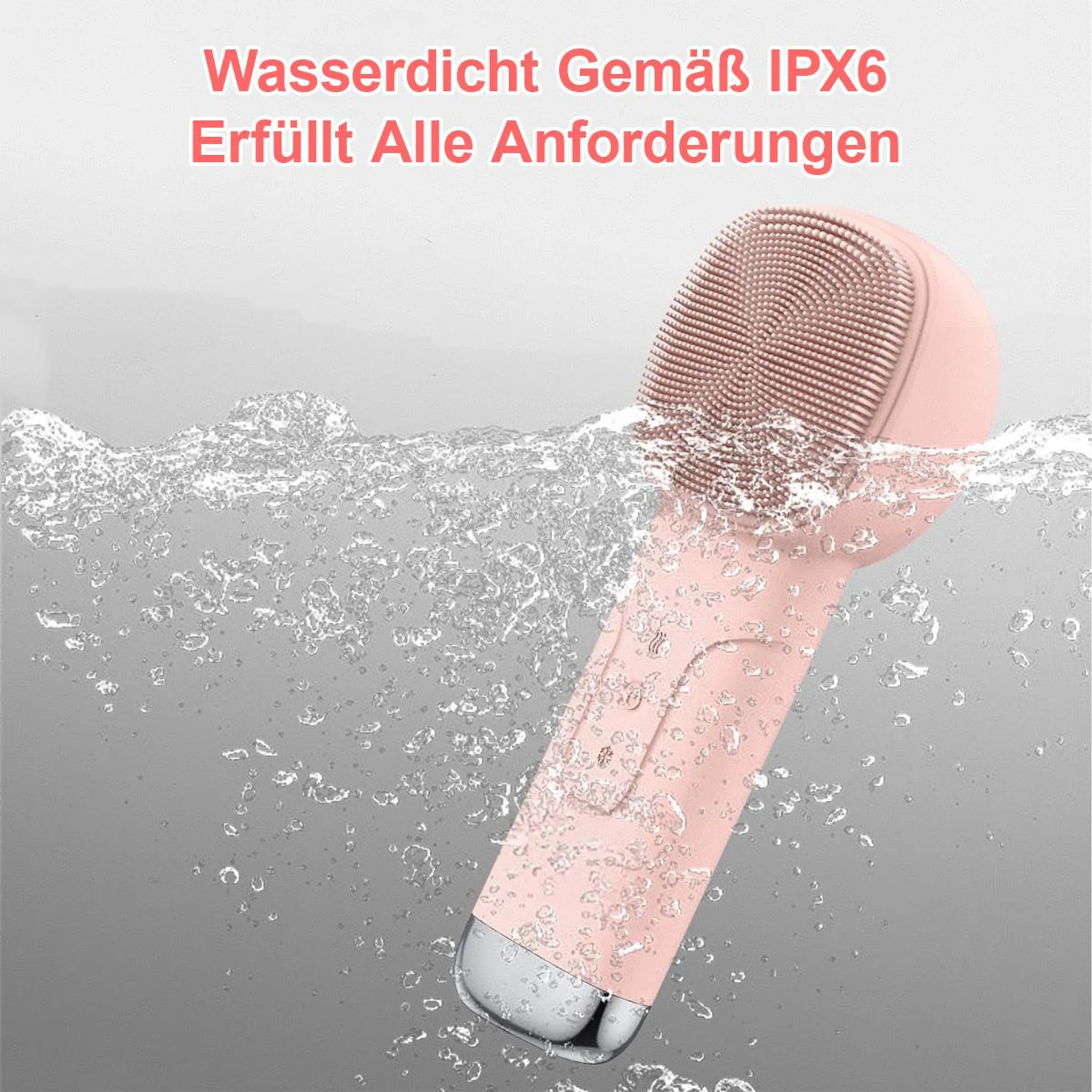 Ein rosa Gesichtsreiniger mit Silikonborsten ist im Wasser.