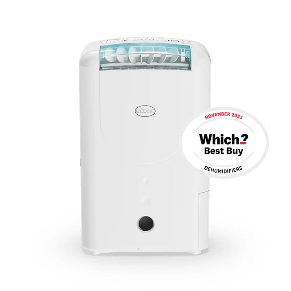 Een witte Ecoair luchtontvochtiger met ventilatieopeningen en 'Which? Best Buy'