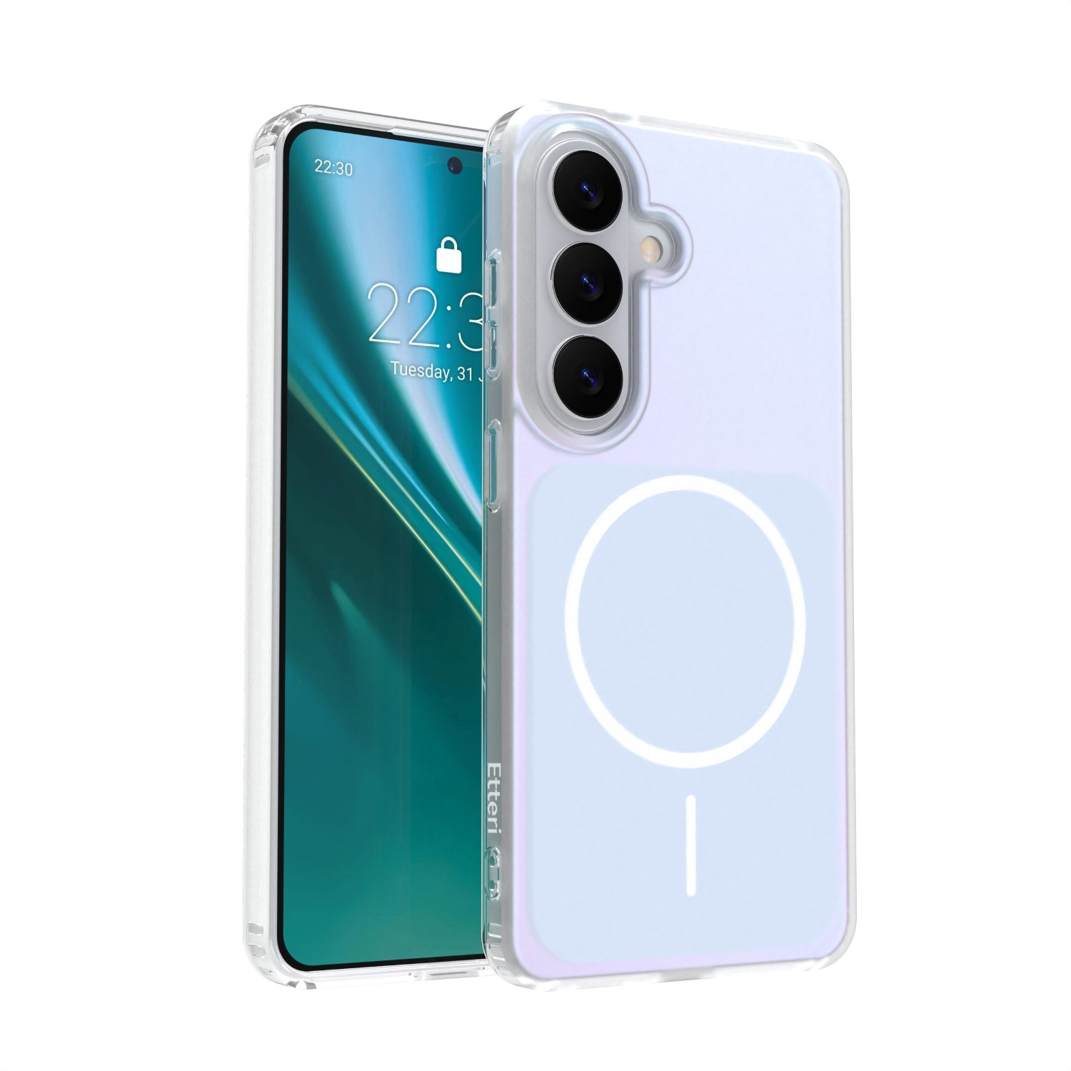 Przezroczyste etui na telefon z okrągłym wzorem i linią.