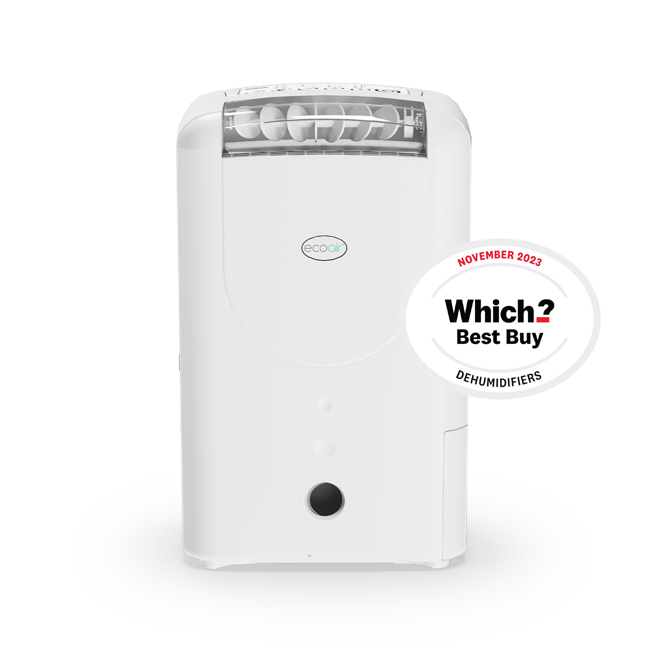 Ein weißer EcoAir-Luftentfeuchter mit Lüftungsschlitzen und einem Siegel für die beste Wahl.