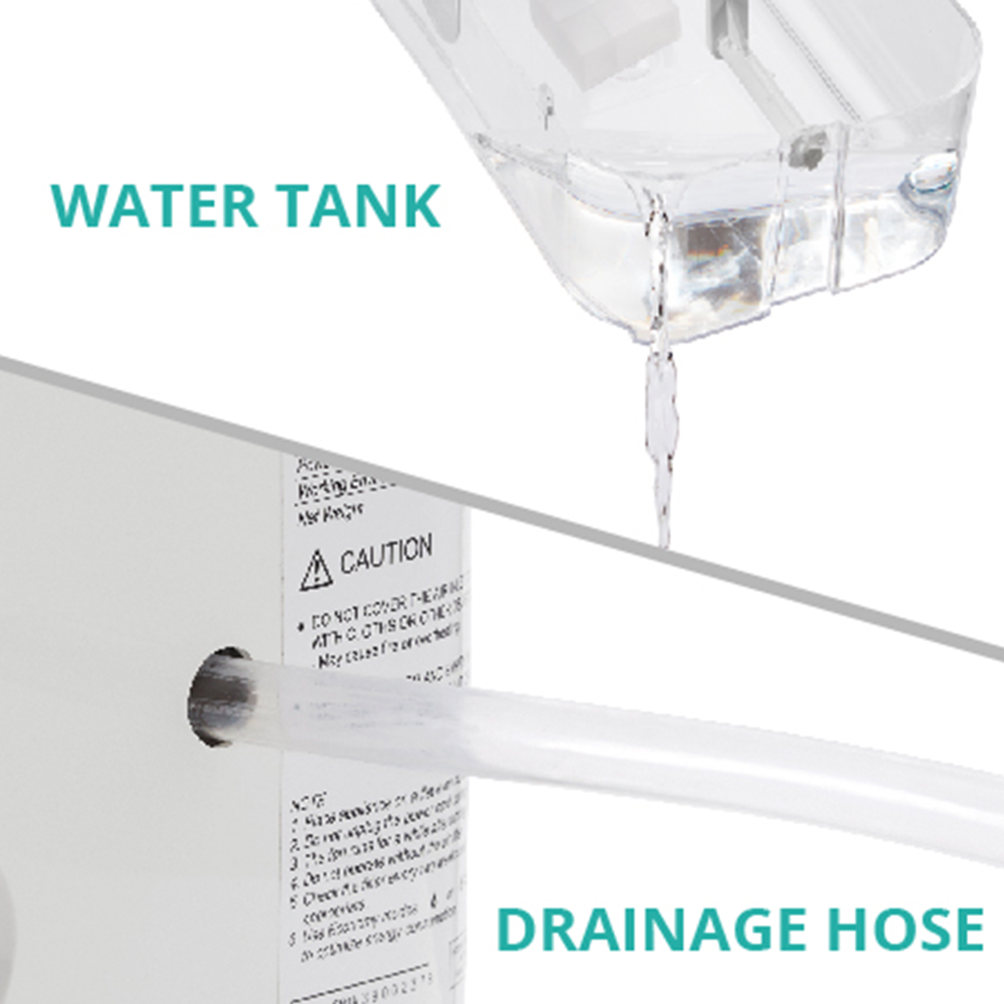 Wasserbehälter und Ablaufschlauch mit Wassertropfen.