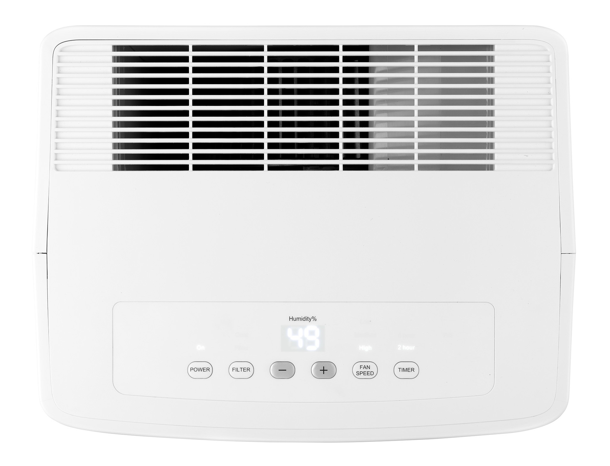 Weiße Klimaanlage mit Lüftungsgitter und digitaler Anzeige für 49% Luftfeuchtigkeit.