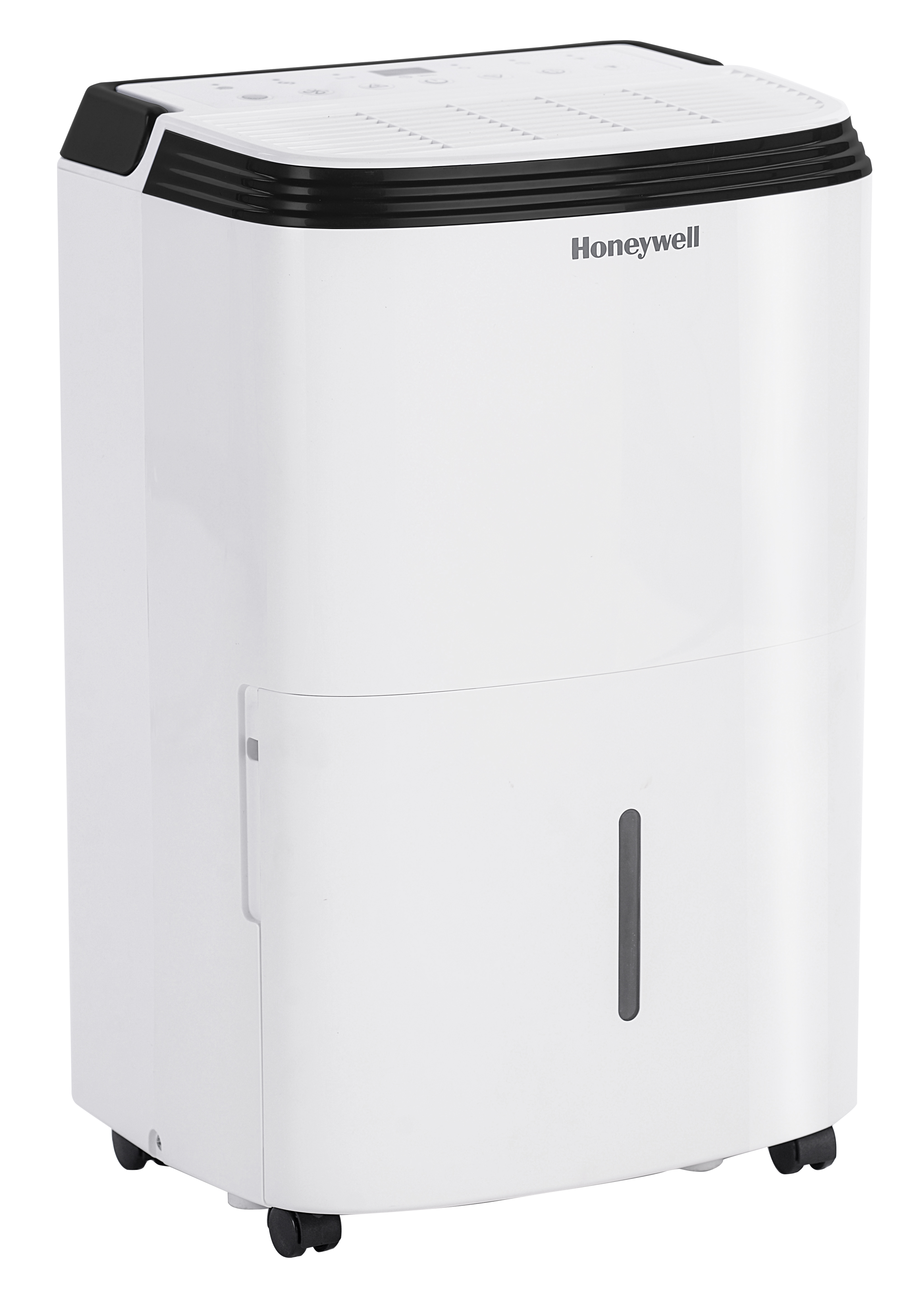 Ein weißer Honeywell Luftentfeuchter mit schwarzem Oberteil und sichtbarem Wassertank.