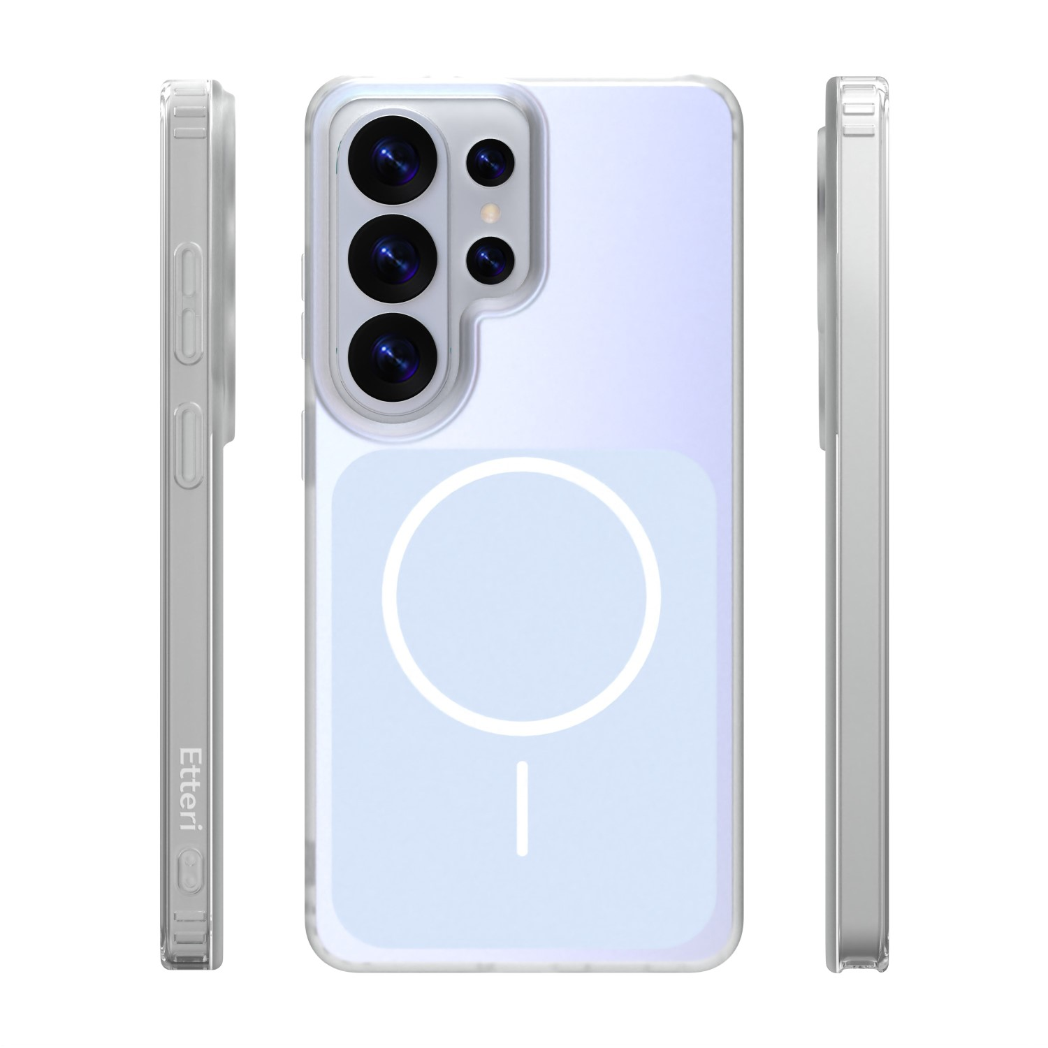 Custodia trasparente per telefono con tre fotocamere e anello magnetico.