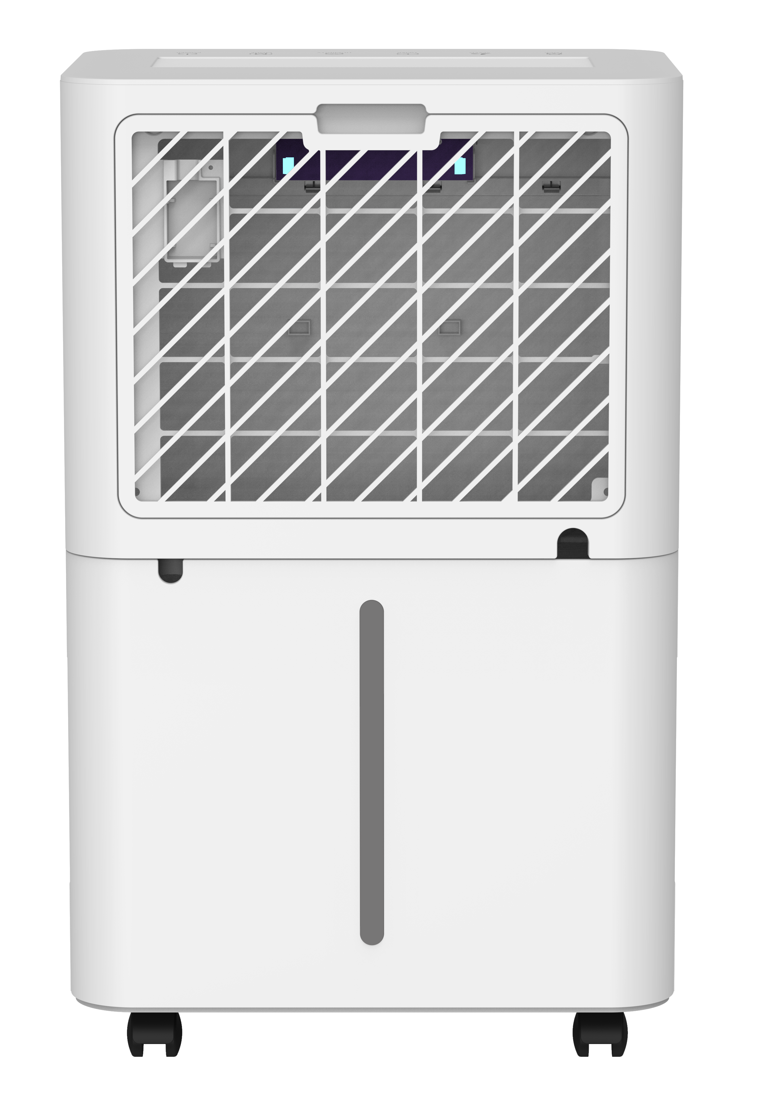 A white dehumidifier with a transparent water tank and wheels.