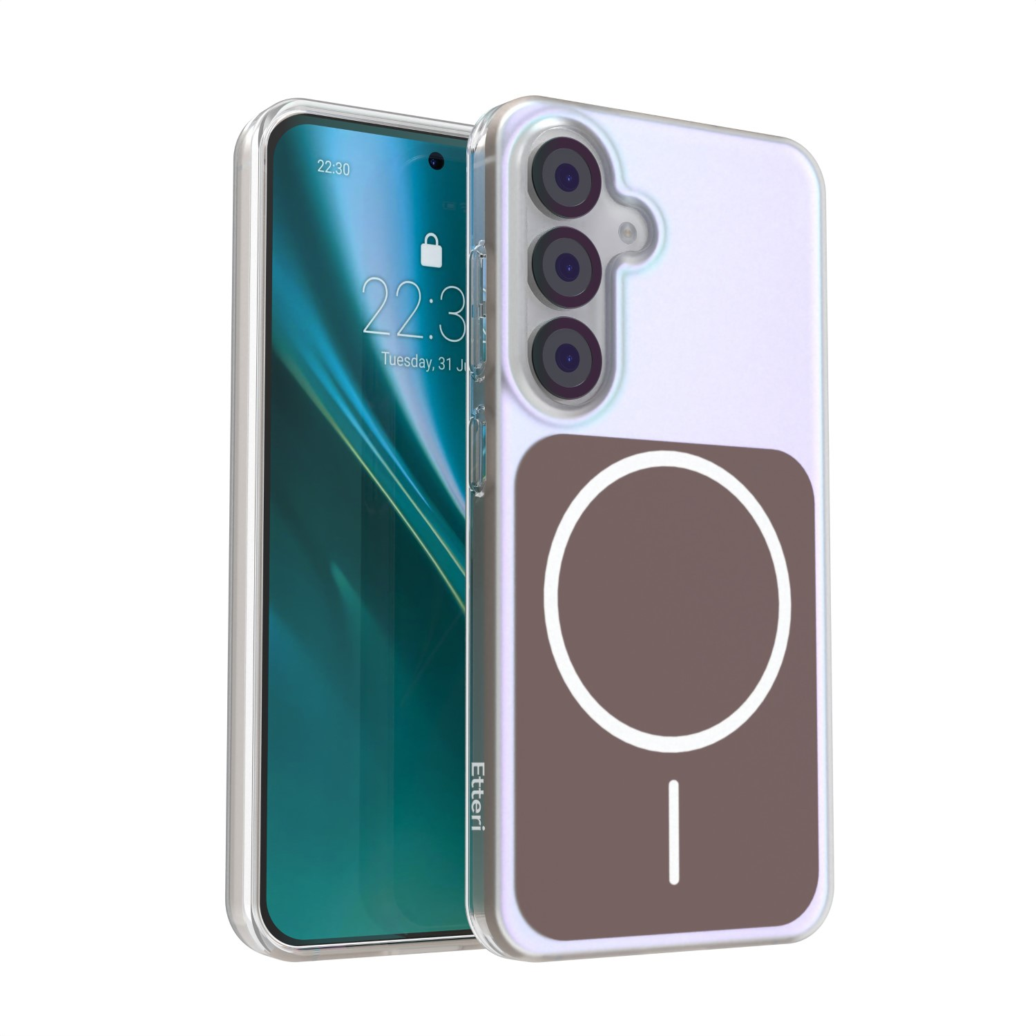 Smartfon w przezroczystym etui z brązowym wzorem koła.