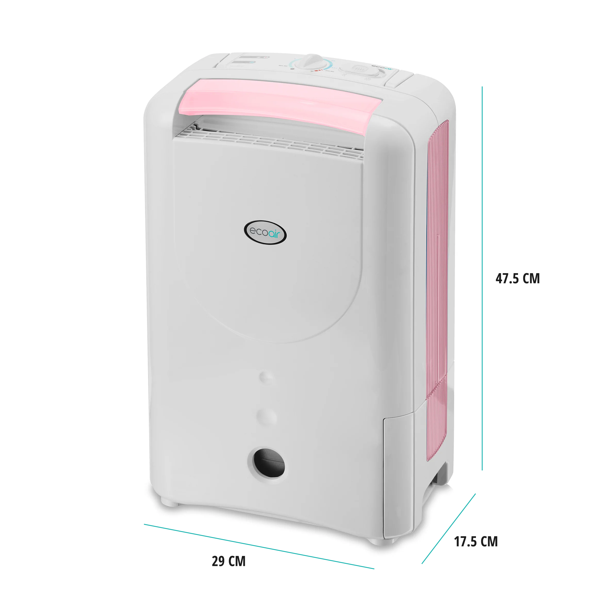 Ein weißer Luftentfeuchter mit rosa Akzenten und Maßangaben.