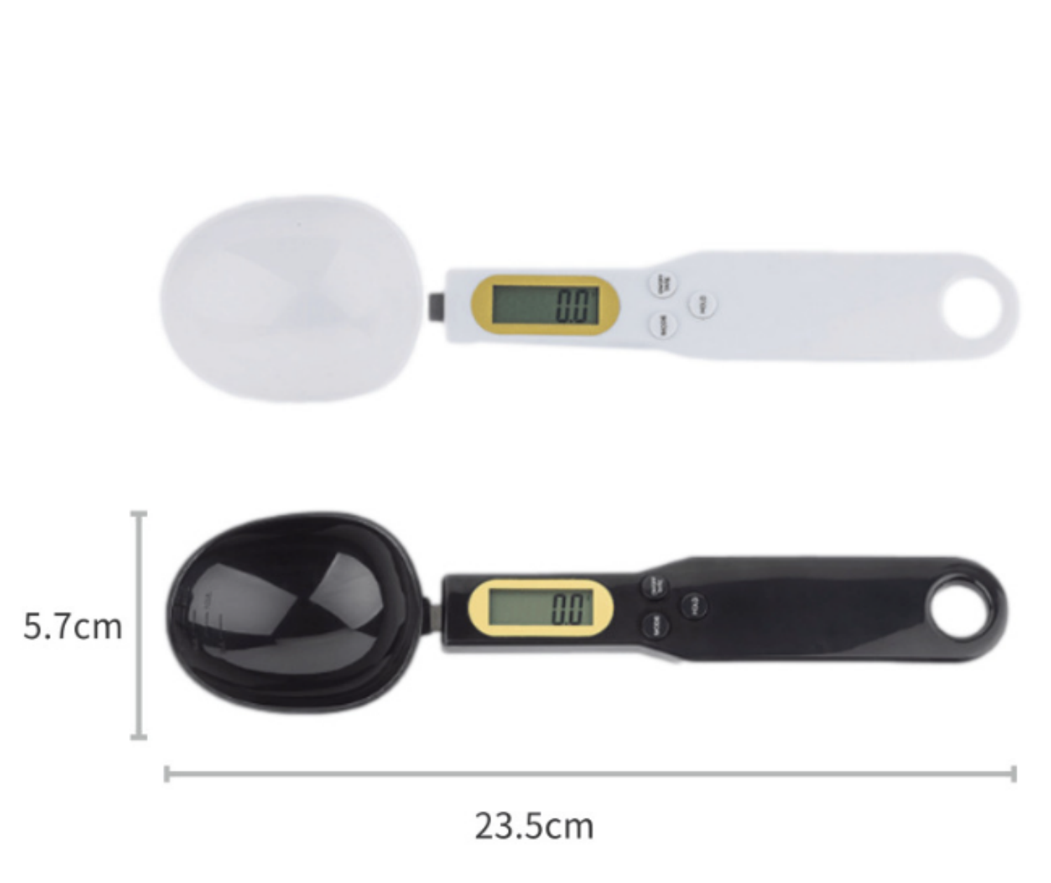 Zwei digitale Löffelwaagen, eine weiß und eine schwarz, mit LCD-Anzeige.