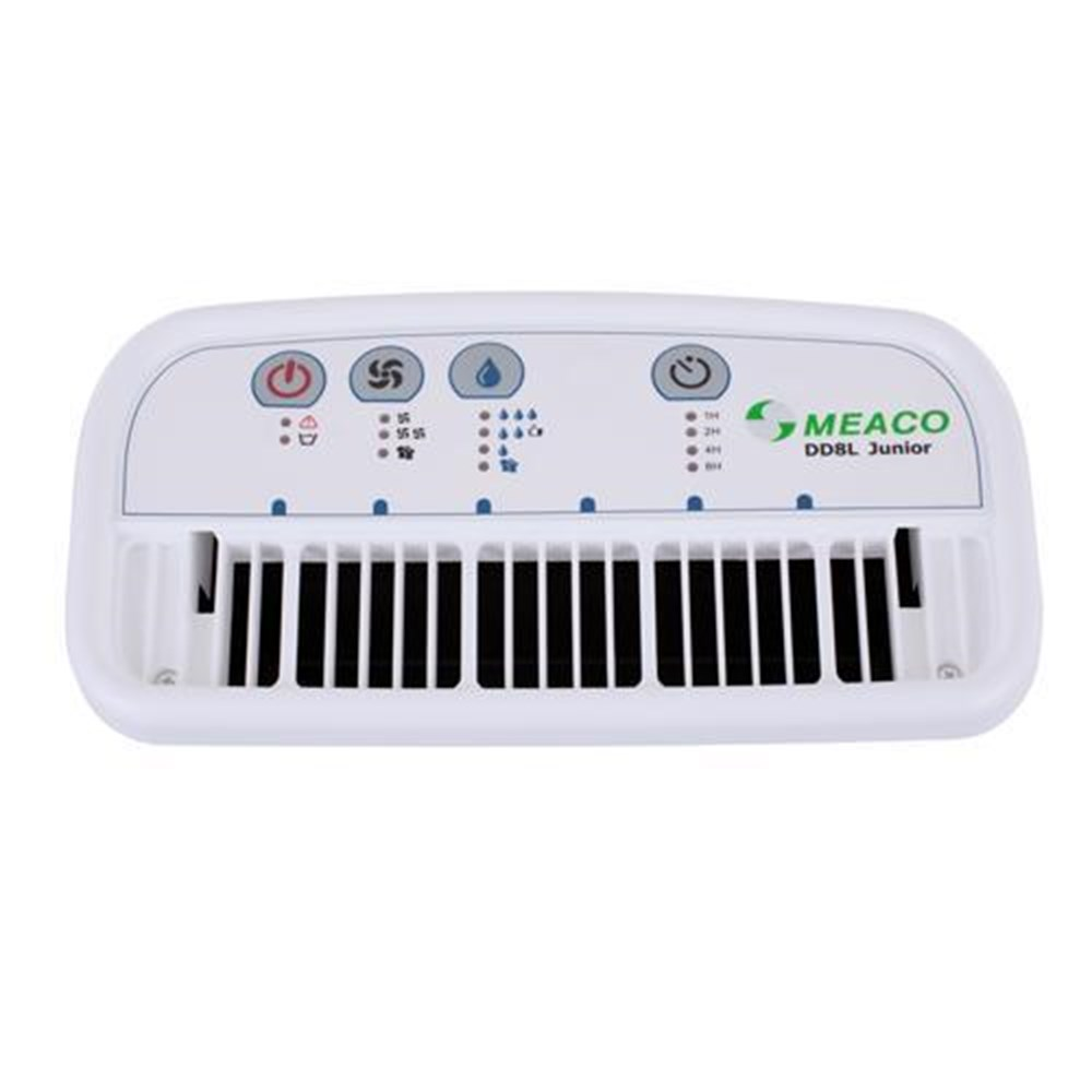 Een witte luchtontvochtiger met ventilatiesleuven en bedieningsknoppen.