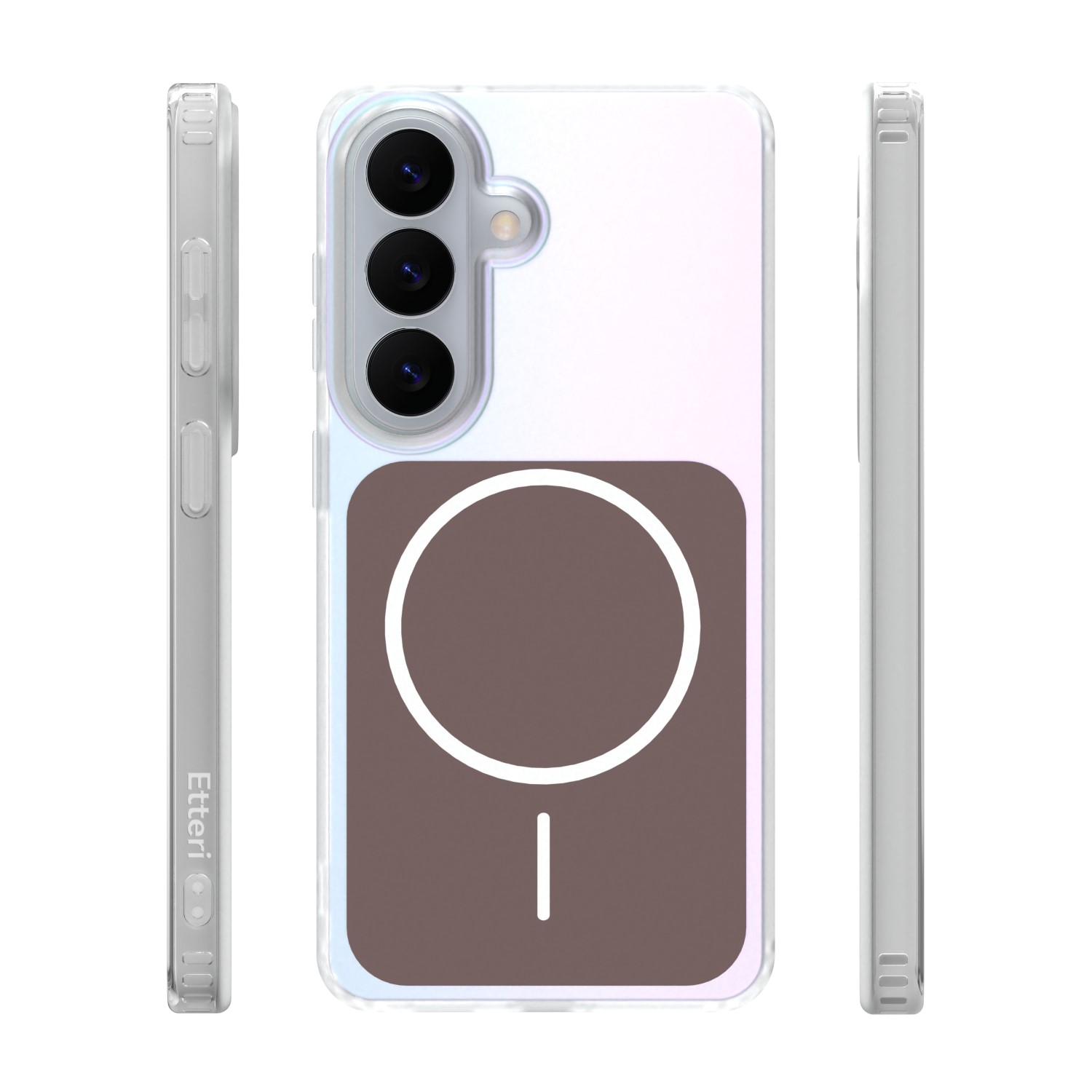 Una cover trasparente per telefono con tre fotocamere e motivo a cerchio marrone.
