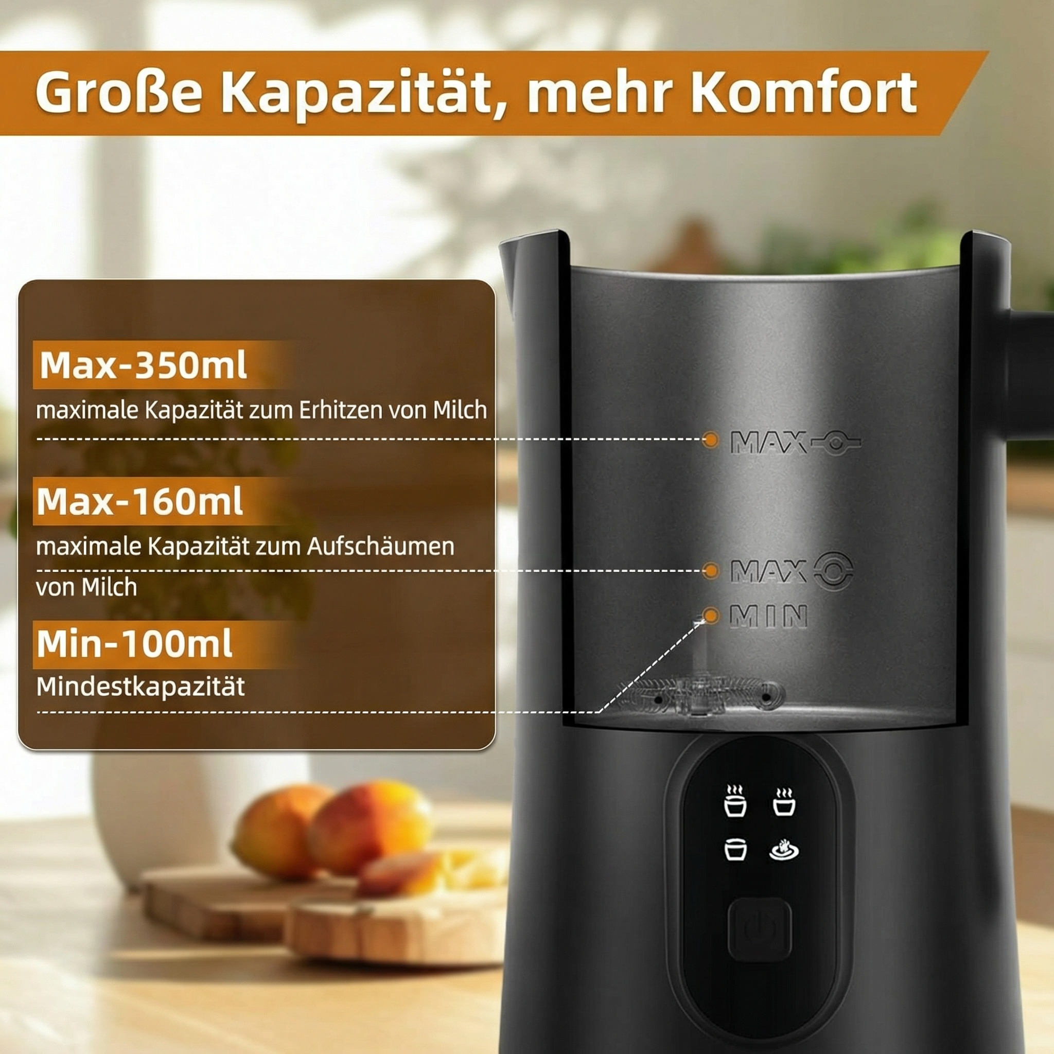 Schwarzer Milchaufschäumer mit Kapazitätsmarkierungen und Bedienelementen.