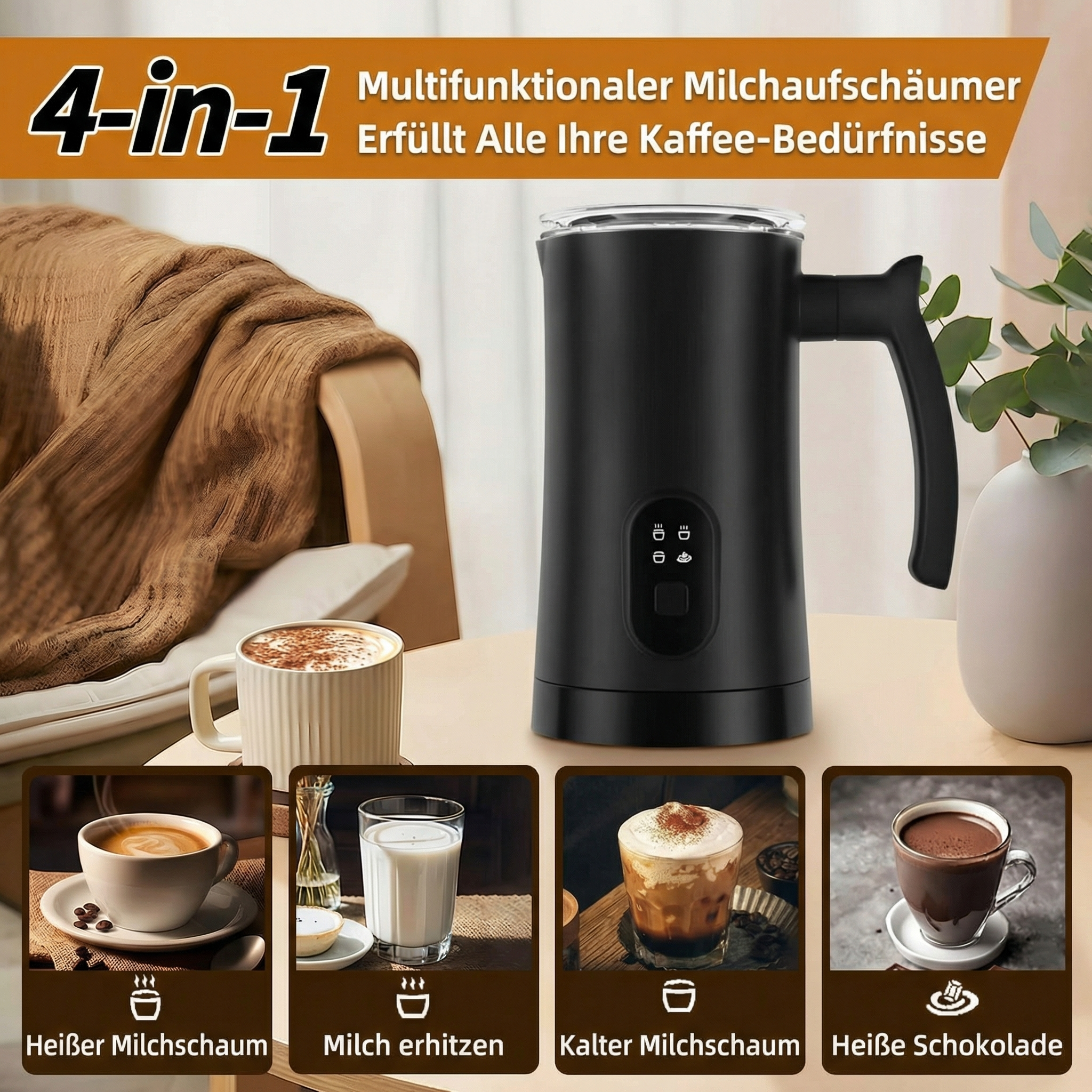 Schwarzer Milchaufschäumer mit vier Kaffee-Darstellungen.