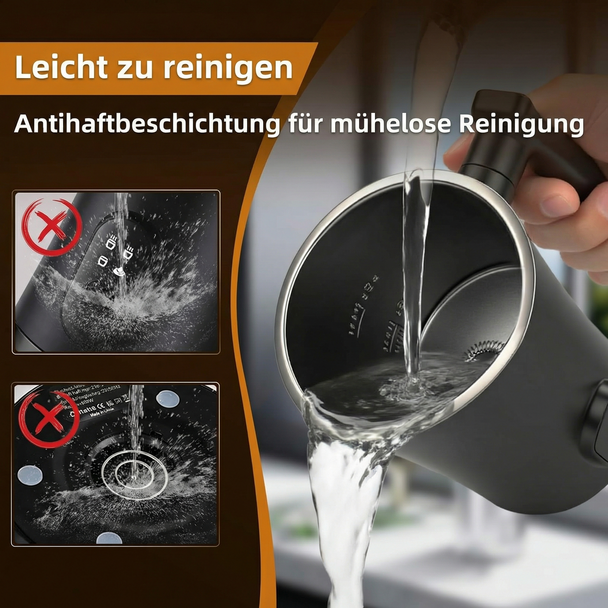 Wasser fließt in einen schwarzen Behälter. Kleine Bilder zeigen Wasser auf Elektronik.