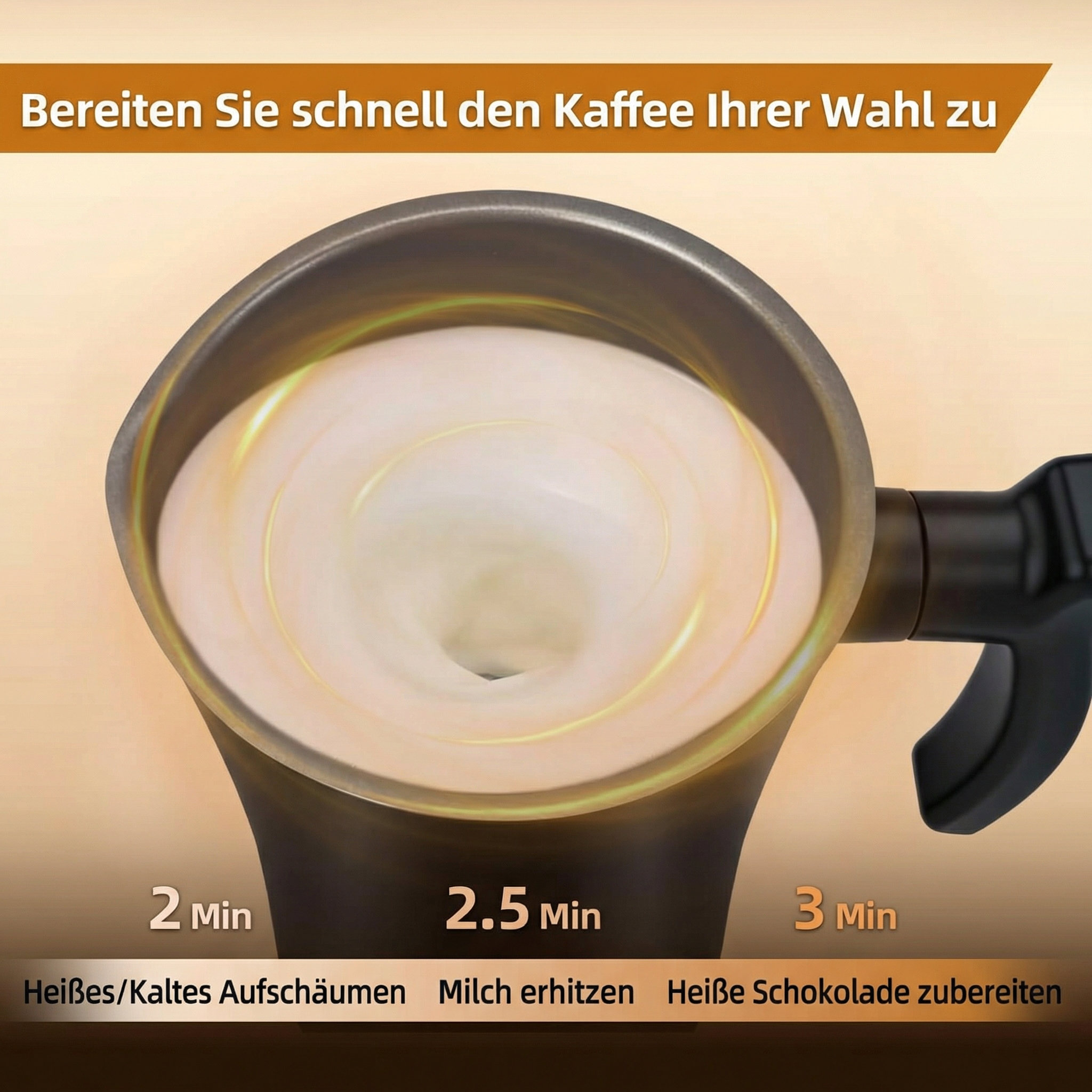 Ein Milchaufschäumer mit wirbelnder Milch und Zeitangaben für Kaffee.