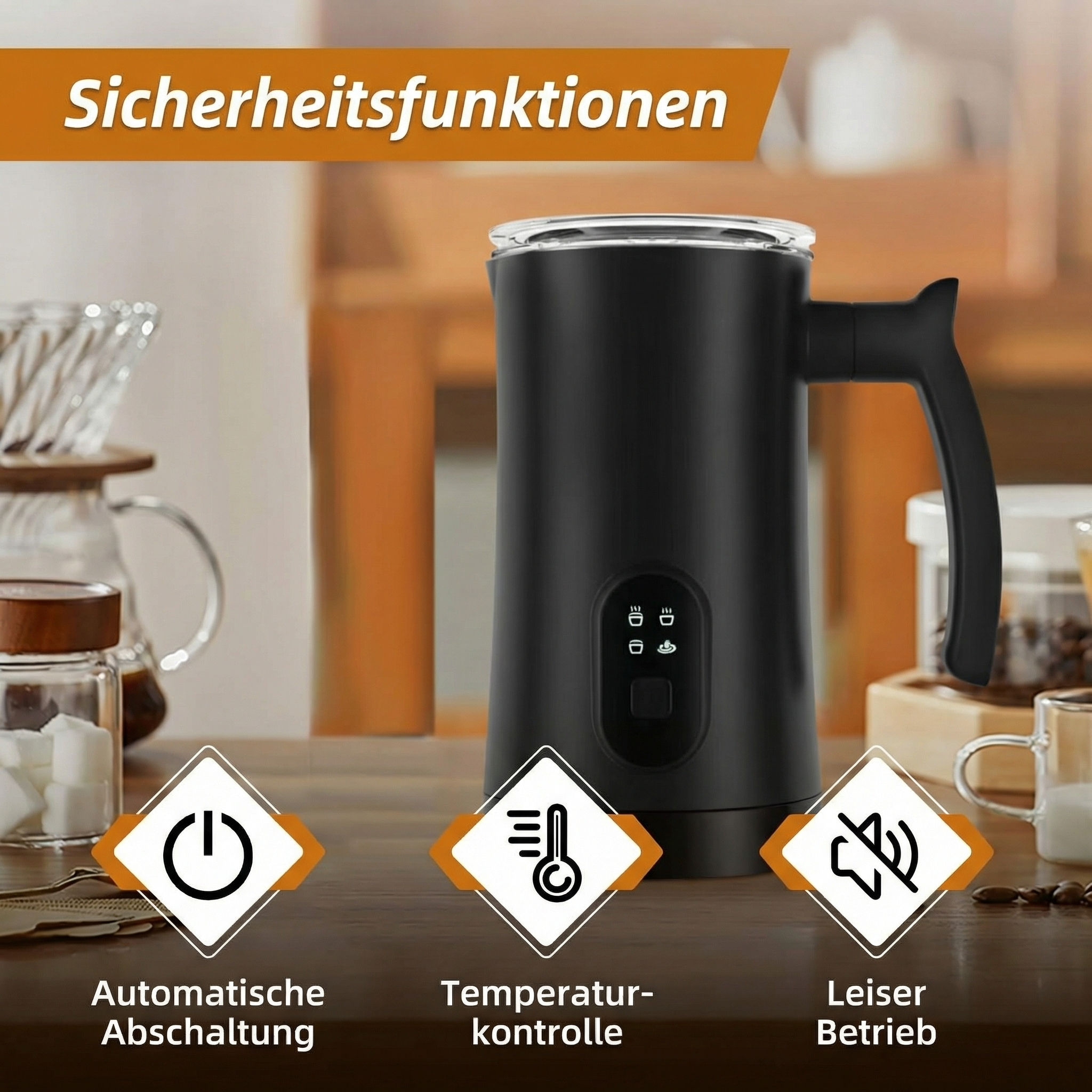 Schwarzer Milchaufschäumer mit Symbolen für automatische Abschaltung, Temperaturkontrolle und leisen Betrieb.