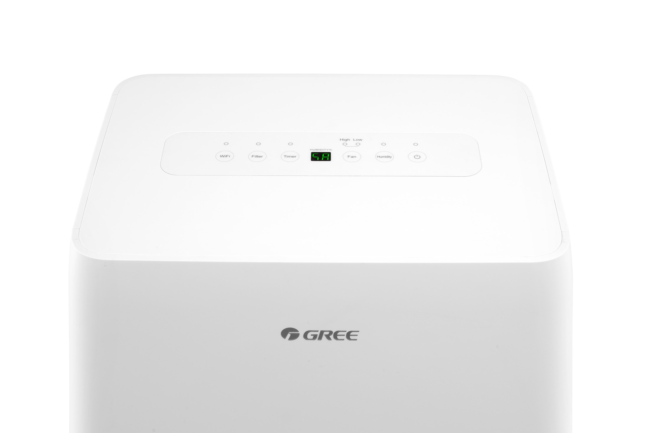 Ein weißes Klimagerät mit einem digitalen Display und dem GREE-Logo.