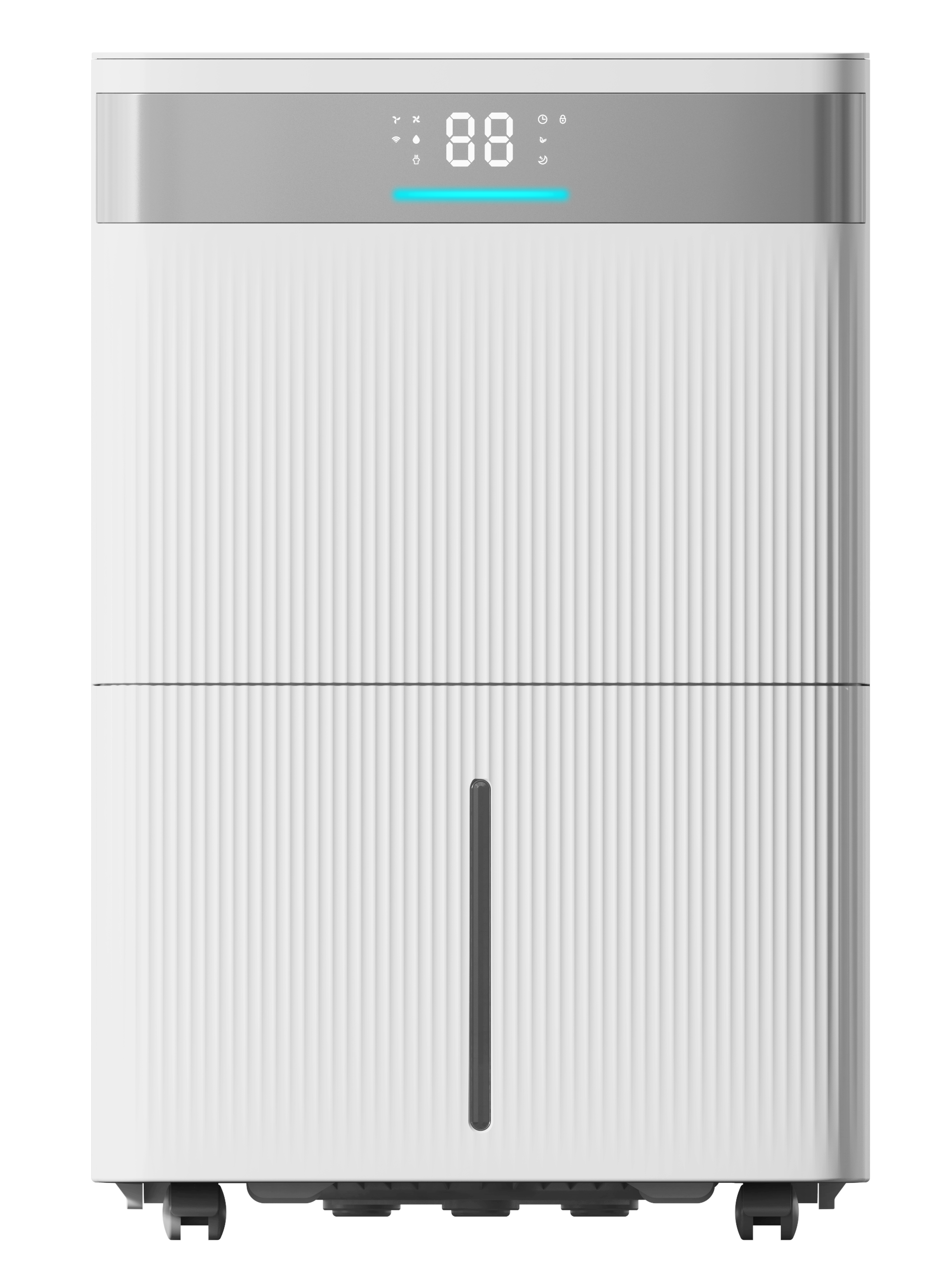 Ein weißer Luftentfeuchter mit digitalem Display und sichtbarem Wasserbehälter.