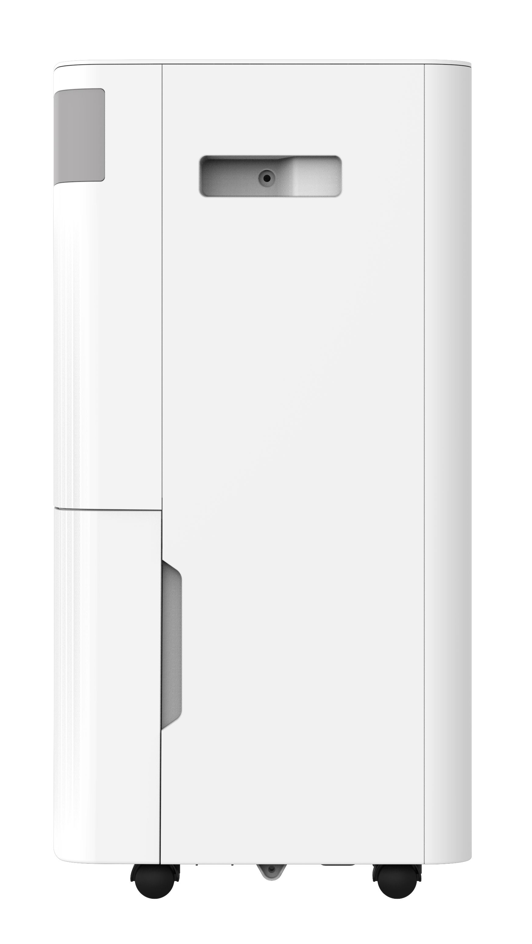 A white air purifier with gray accents and wheels.