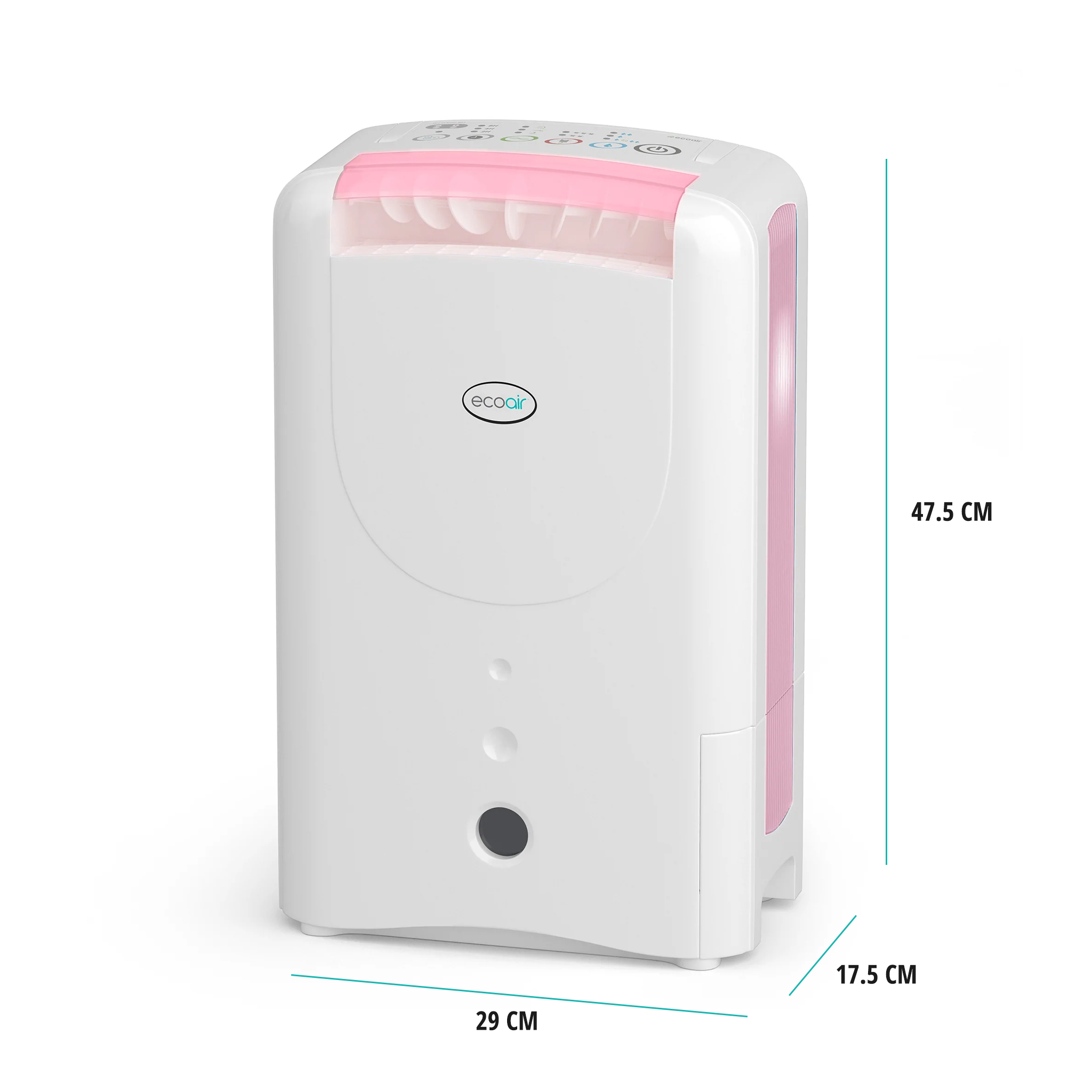 Ein weißer Luftentfeuchter mit pinken Akzenten und Maßen.