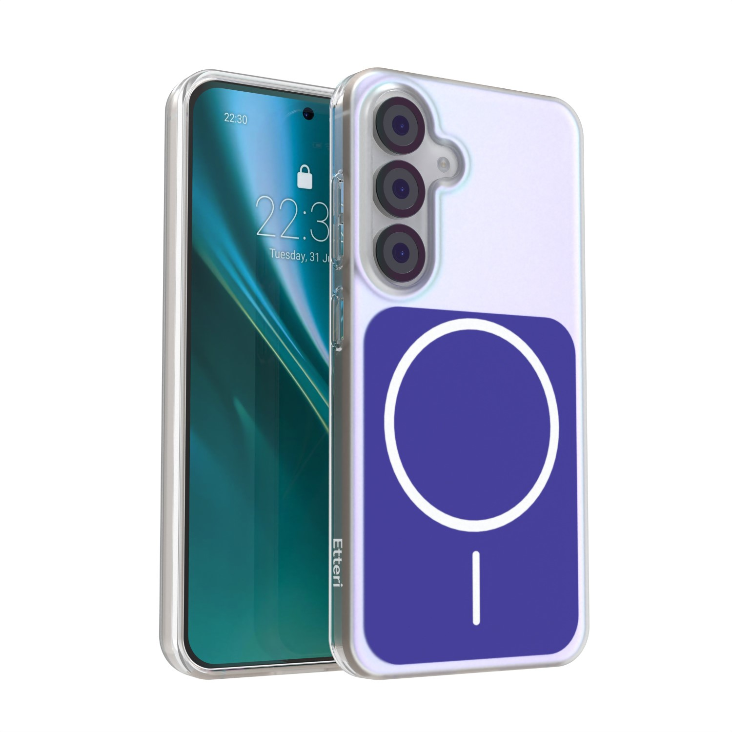 Smartfon w etui z niebieskim okręgiem i pionową linią.