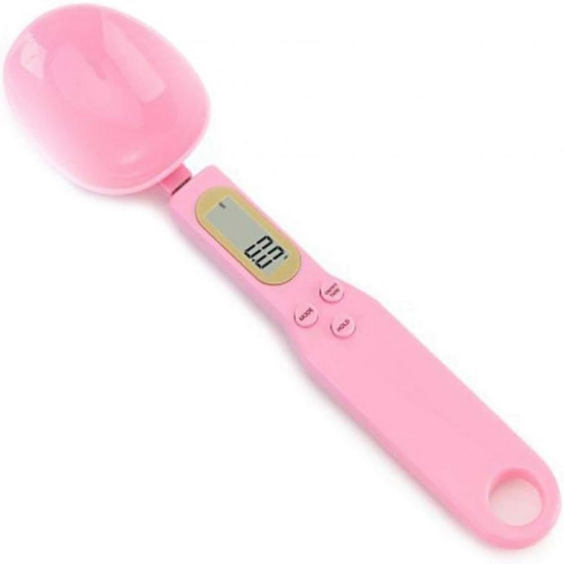 Eine rosa Löffelwaage mit digitaler Anzeige, die 0,0 anzeigt.