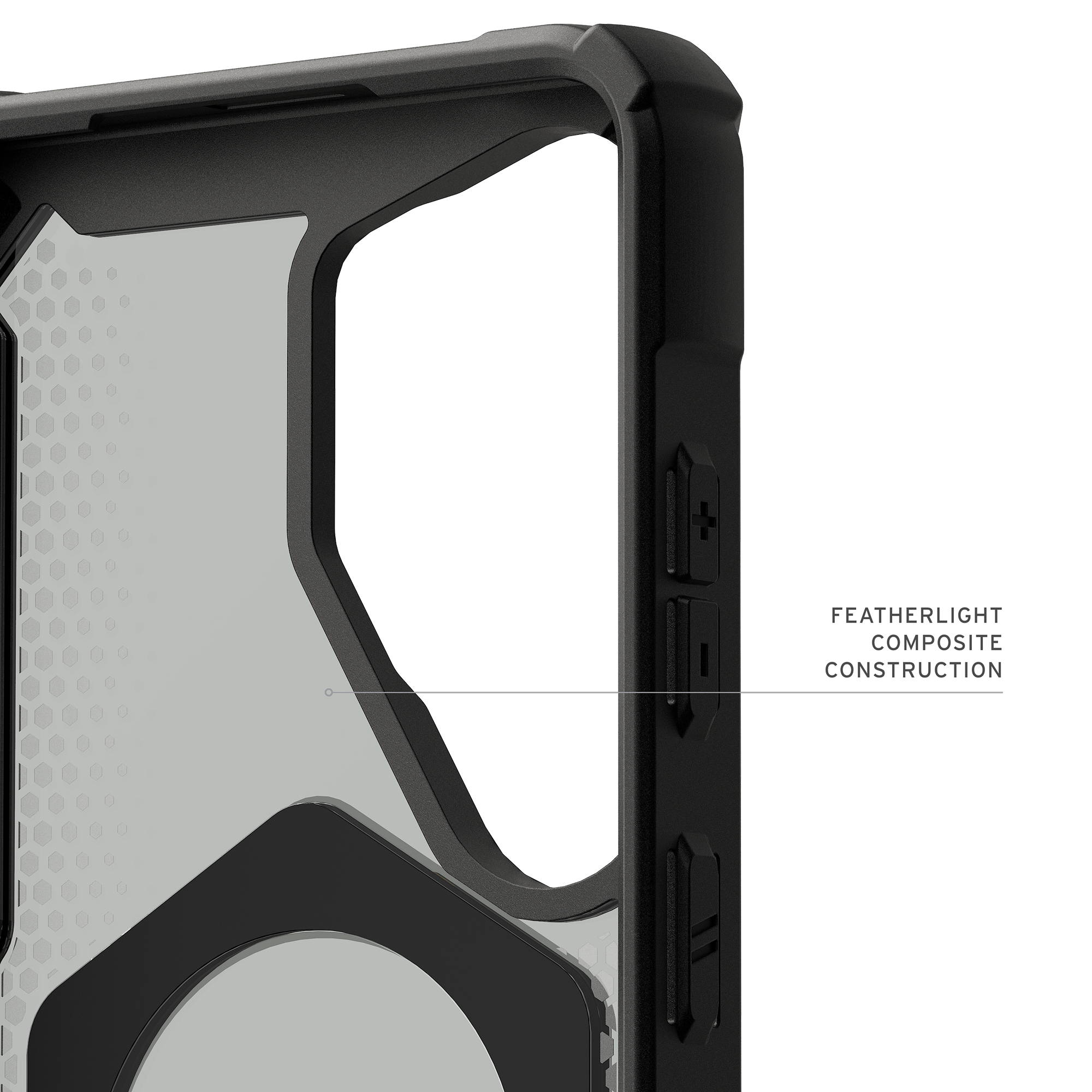Schwarzes Handyhülle mit transparenten Einsätzen und Wabenmuster.