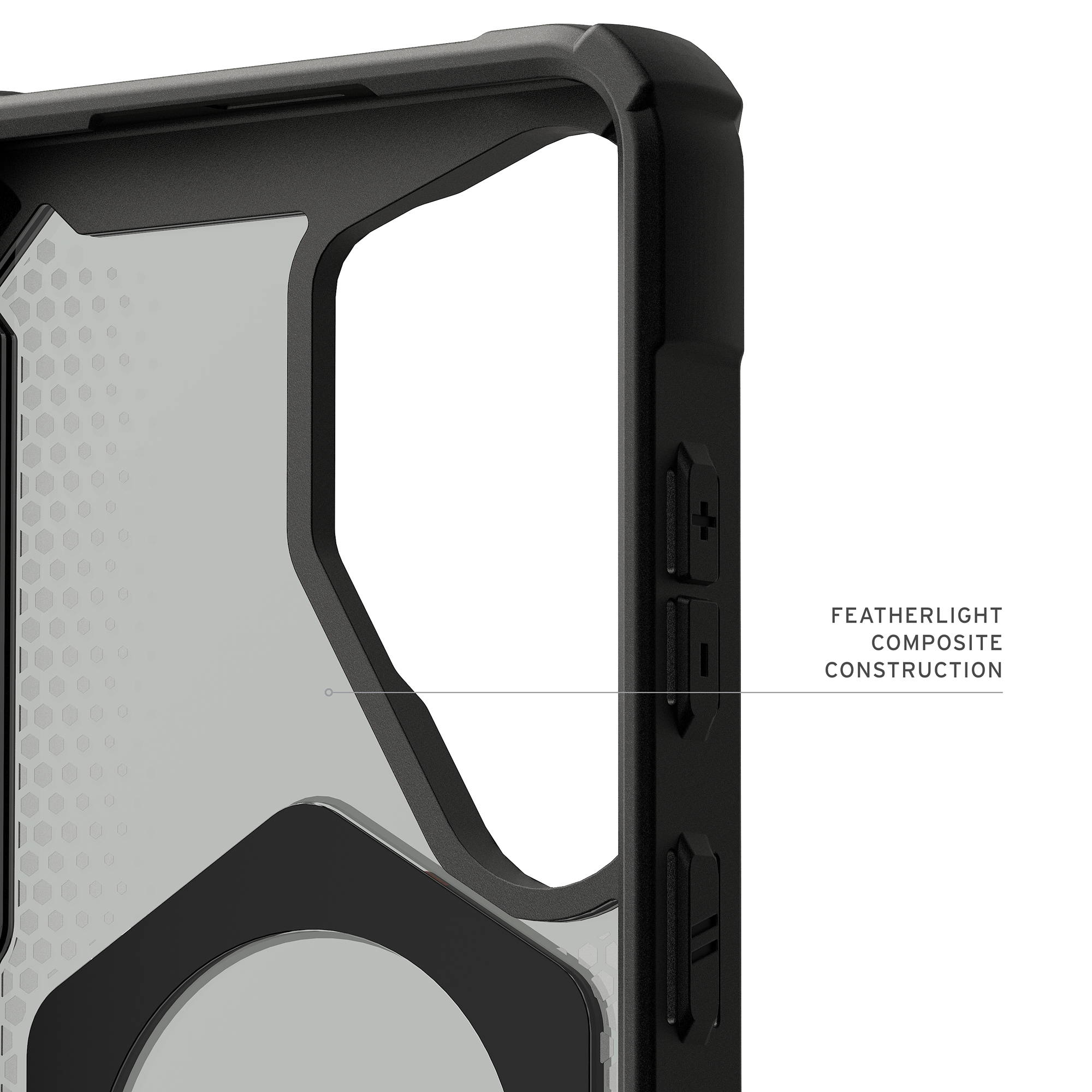 Czarne etui na telefon z sześciokątnym wzorem. Napis "Featherlight Composite Construction".