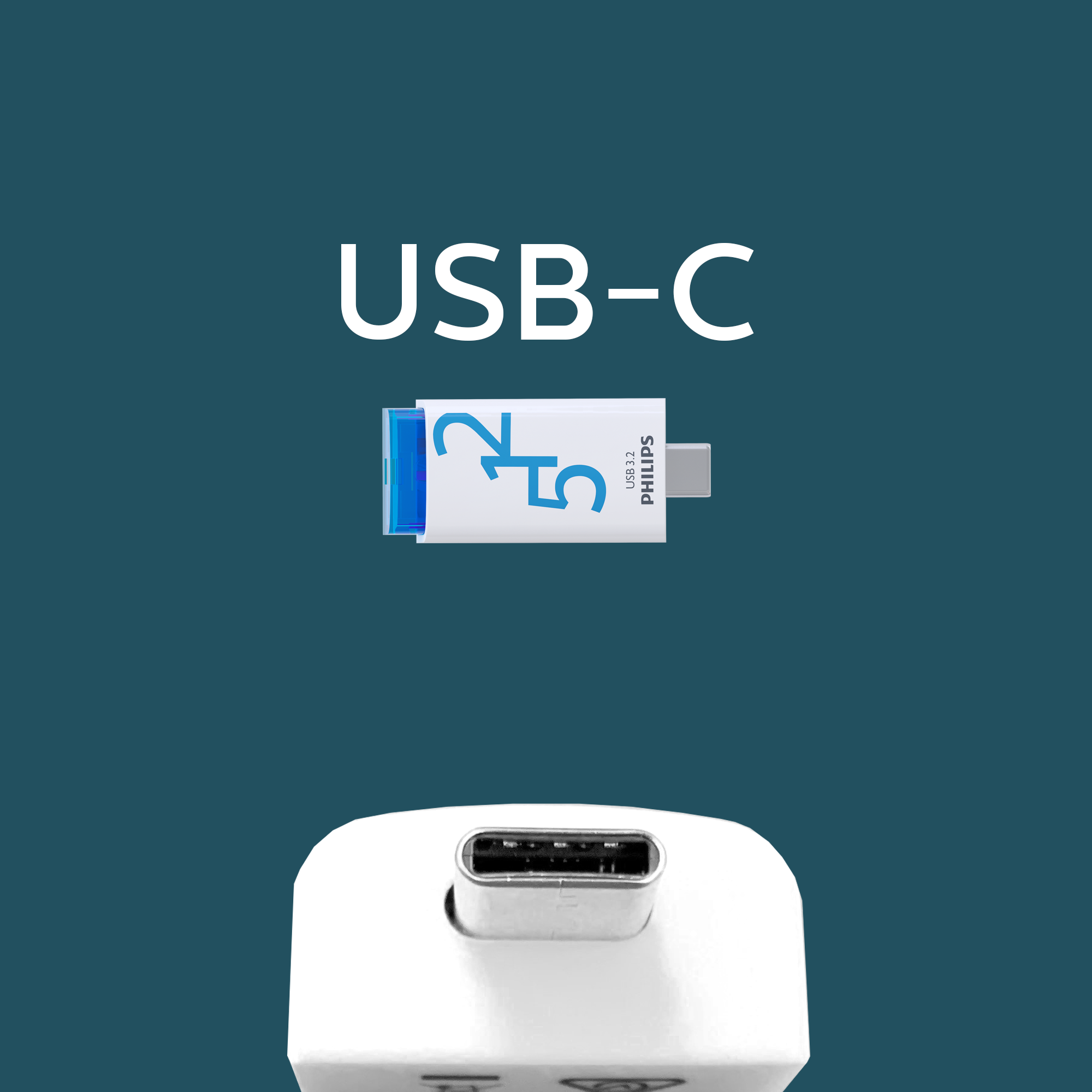 USB-C-Anschluss mit einem 32-GB-Philips-USB-Stick und "USB-C"-Text.