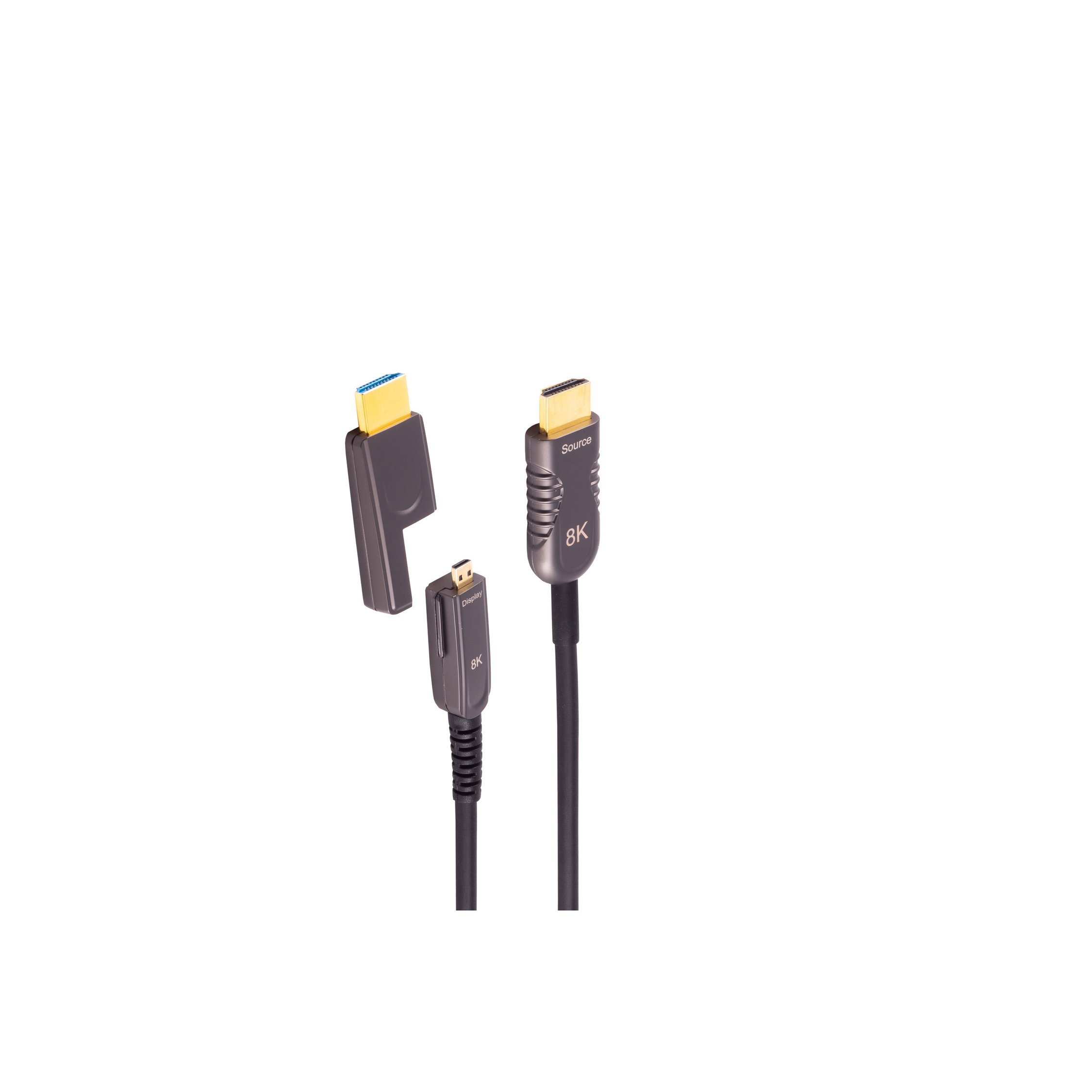 Drei HDMI-Kabel mit 8K-Beschriftung, ein Stecker ist abgetrennt.