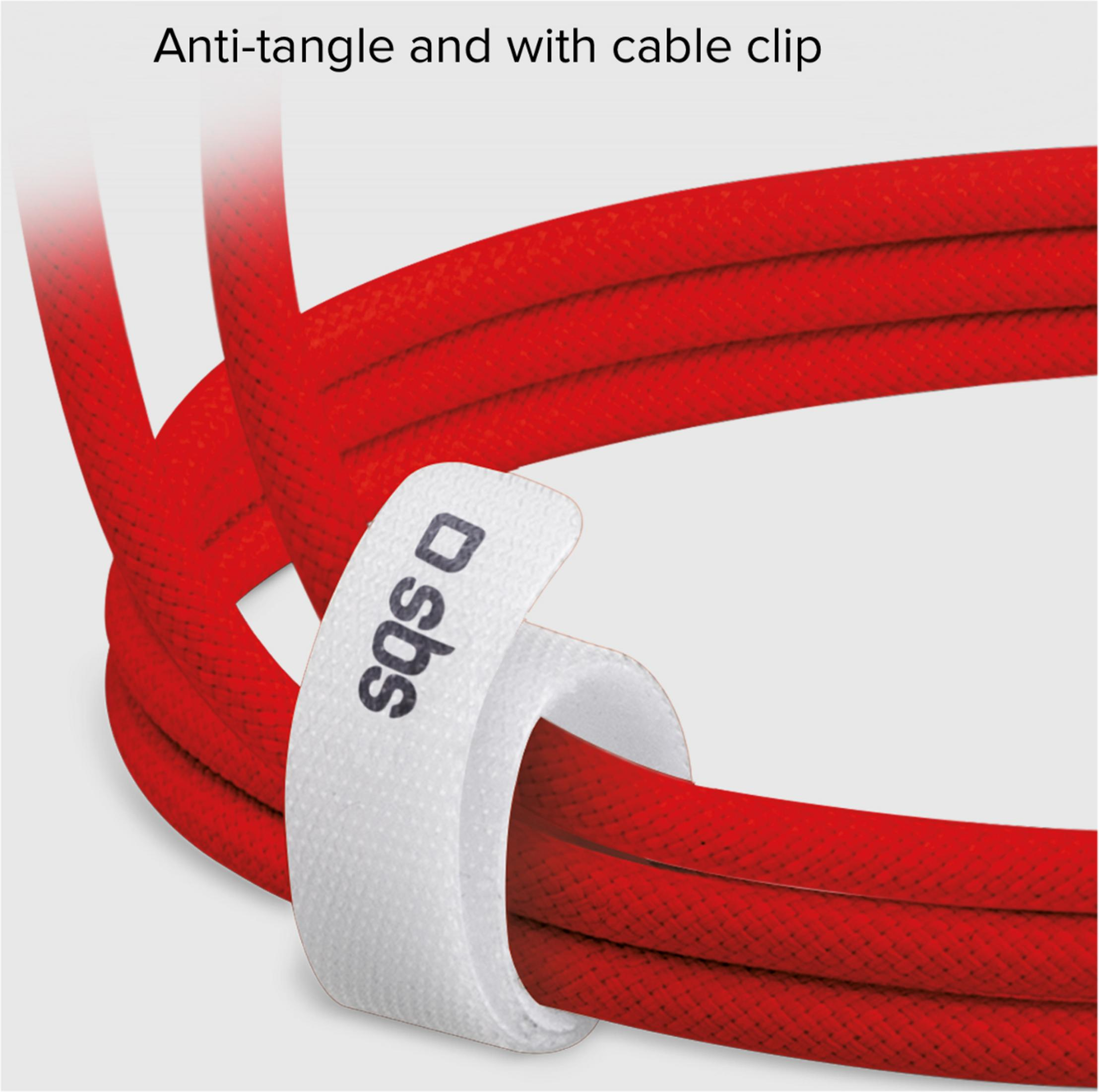 Ein rotes Kabel mit einem weißen Klettverschluss mit SBS-Logo.