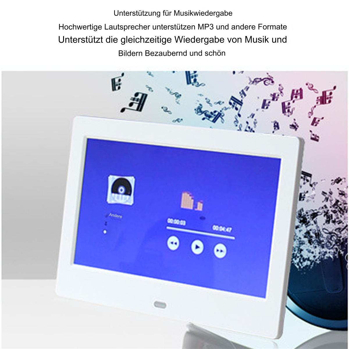 Ein digitaler Bilderrahmen zeigt Musiksteuerung mit Noten.