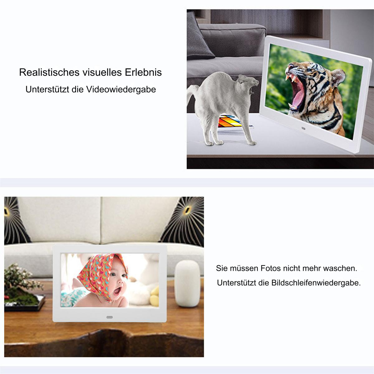 Ein digitaler Bilderrahmen zeigt eine Katze vor einem Tigerbild und einen Babyfoto-Rahmen.