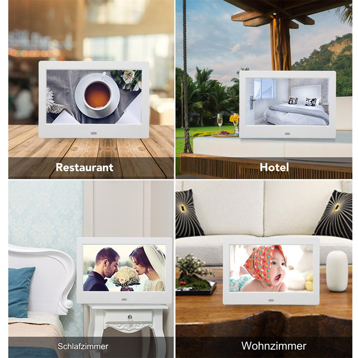 Vier Bilder: Tasse Kaffee, Hotelzimmer, Brautpaar, Baby. Digitaler Bilderrahmen.