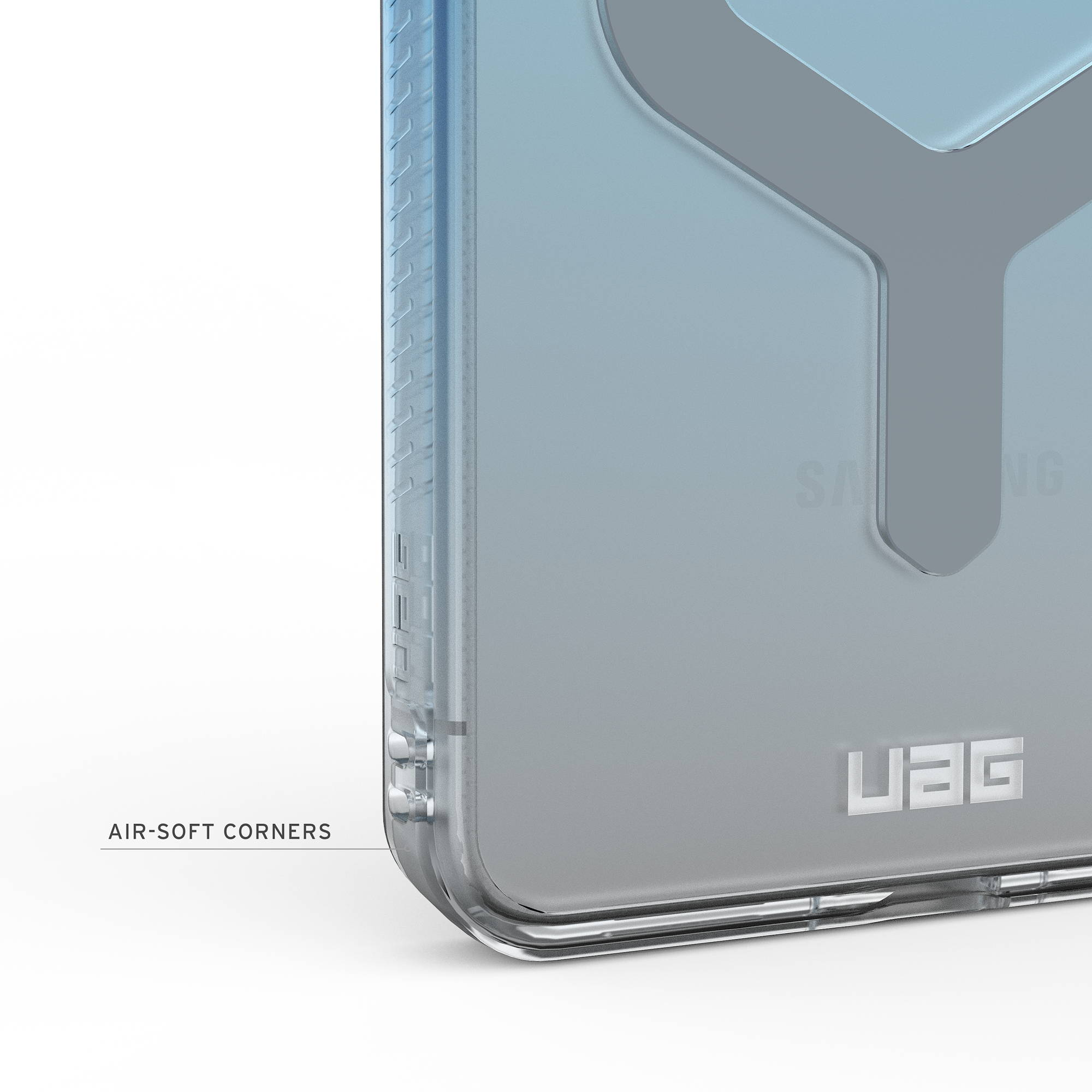 Nahaufnahme einer durchsichtigen Handyhülle mit blauen Akzenten und dem UAG-Logo.