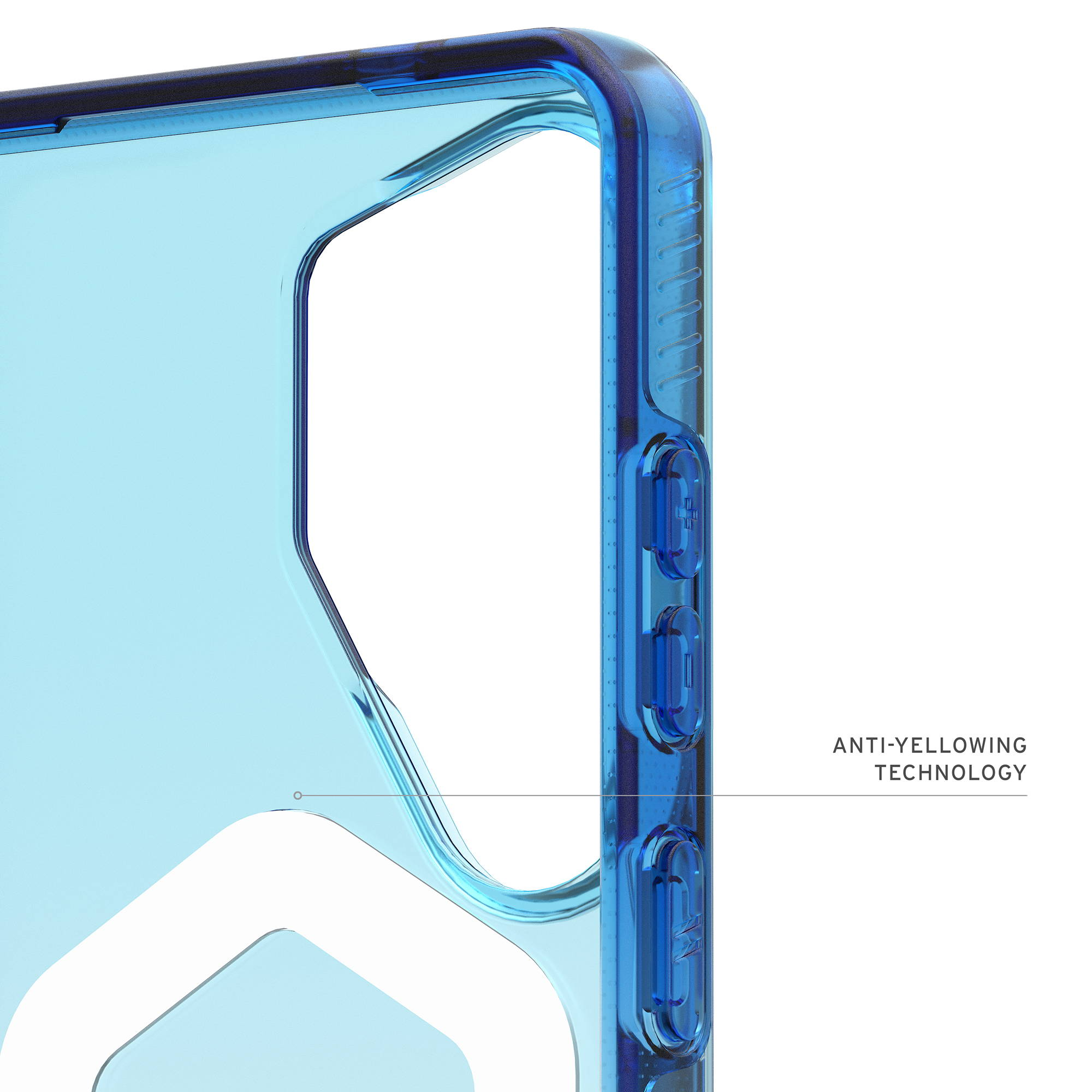 Ein blauer, transparenter Handyhülle mit Knöpfen und Text.