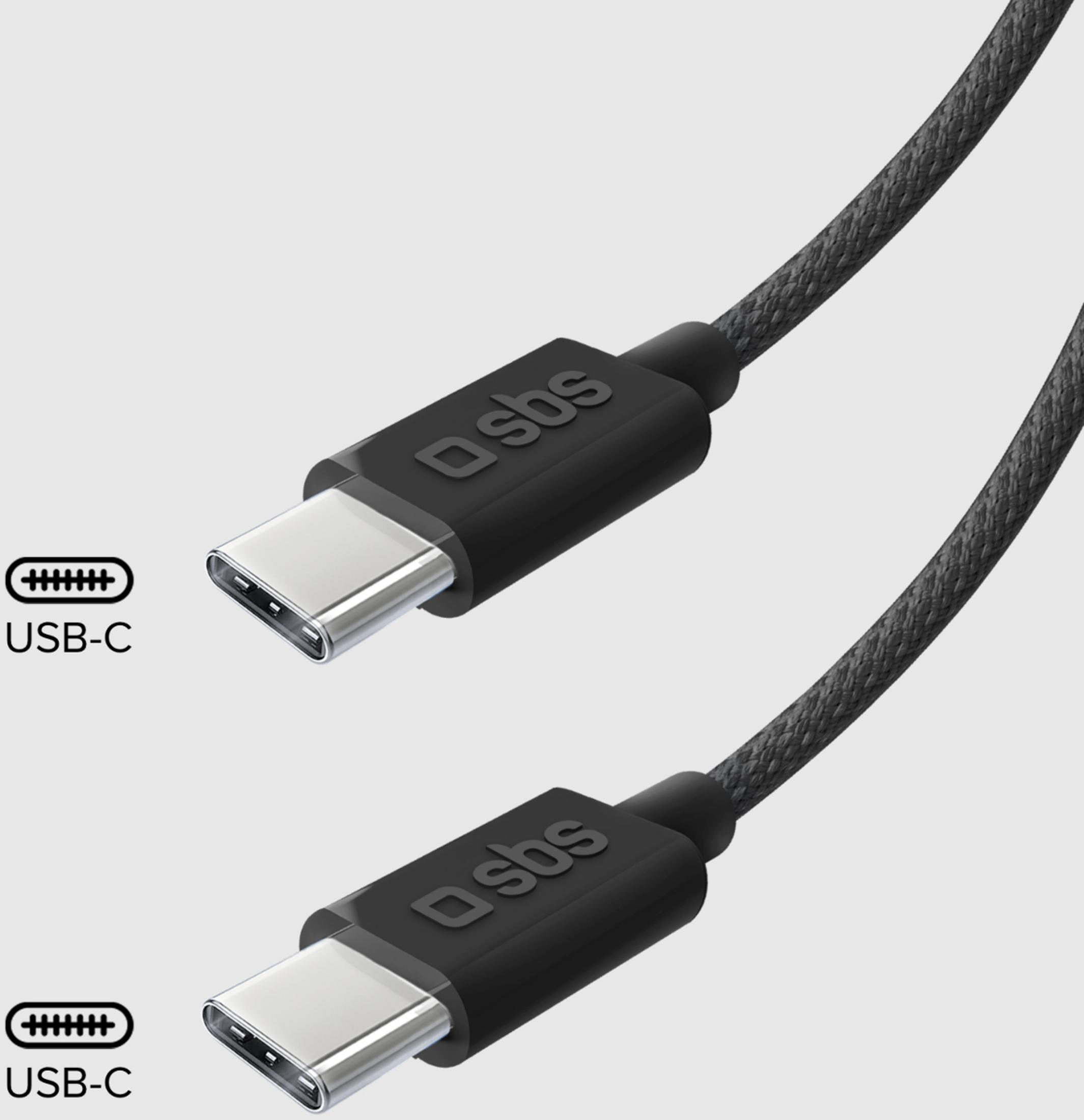 Zwei schwarze USB-C-Kabel mit geflochtenem Mantel und SBS-Logo.