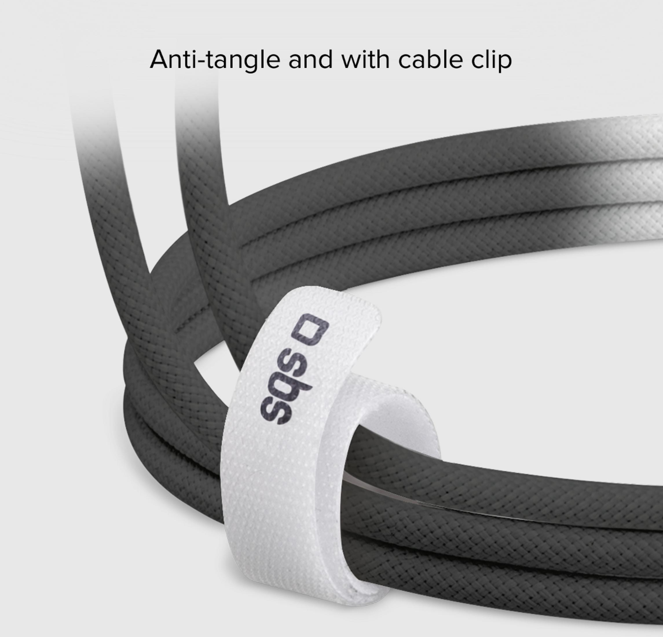 Graues Kabel mit weißem Klettverschluss. Text: Anti-tangle and with cable clip.