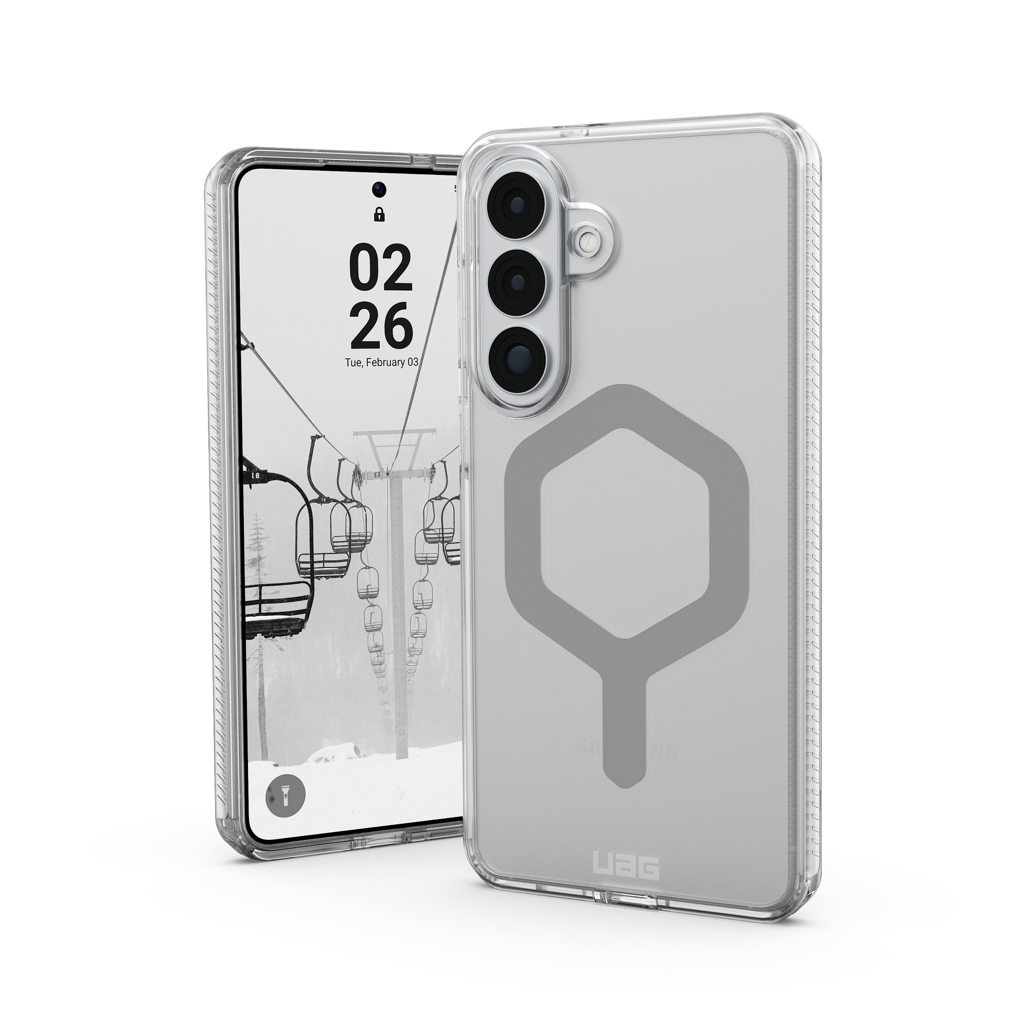 Smartfon w przezroczystym etui z widokiem wyciągu narciarskiego.