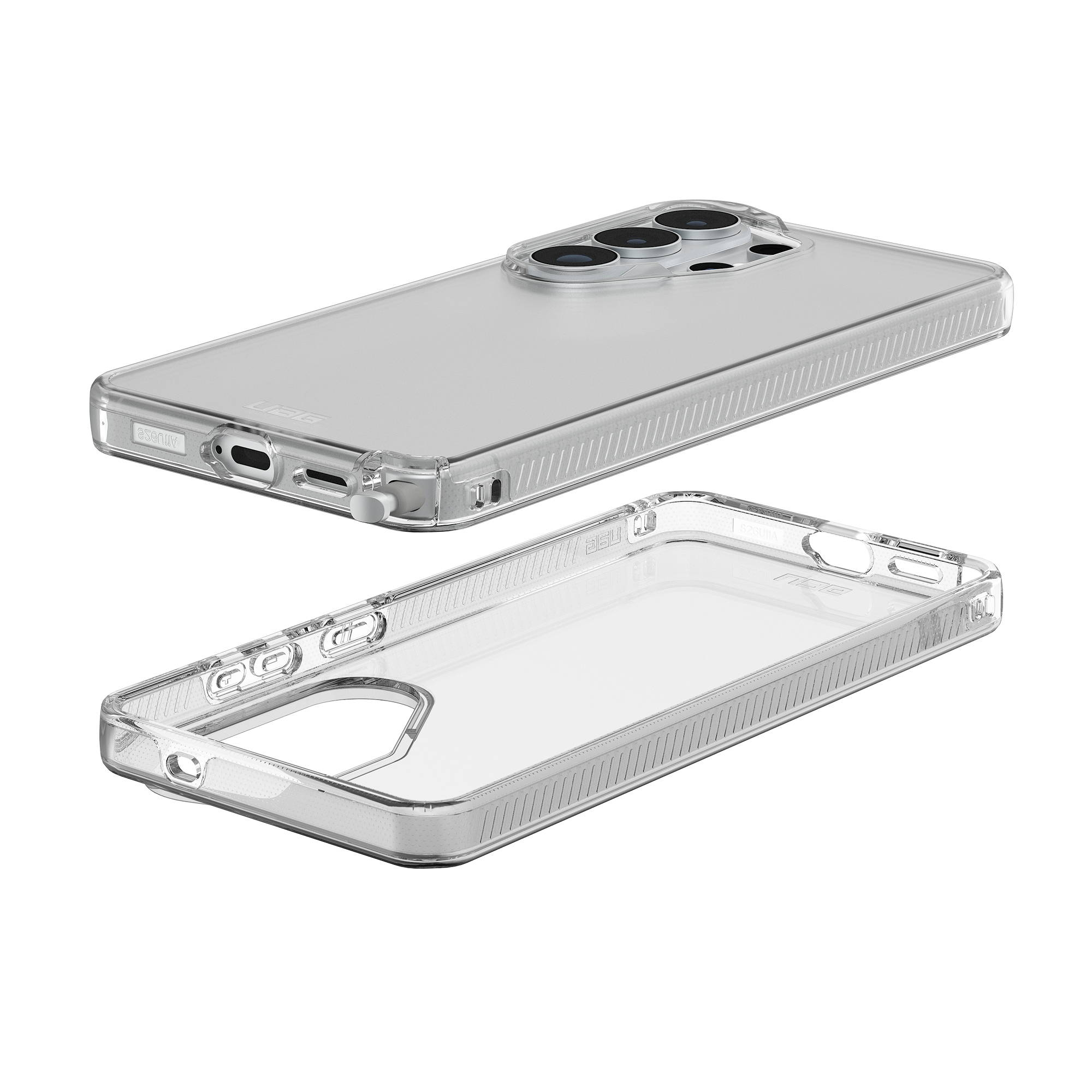Transparente Handyhülle, oben mit Kameraöffnung, unten separater Rahmen.