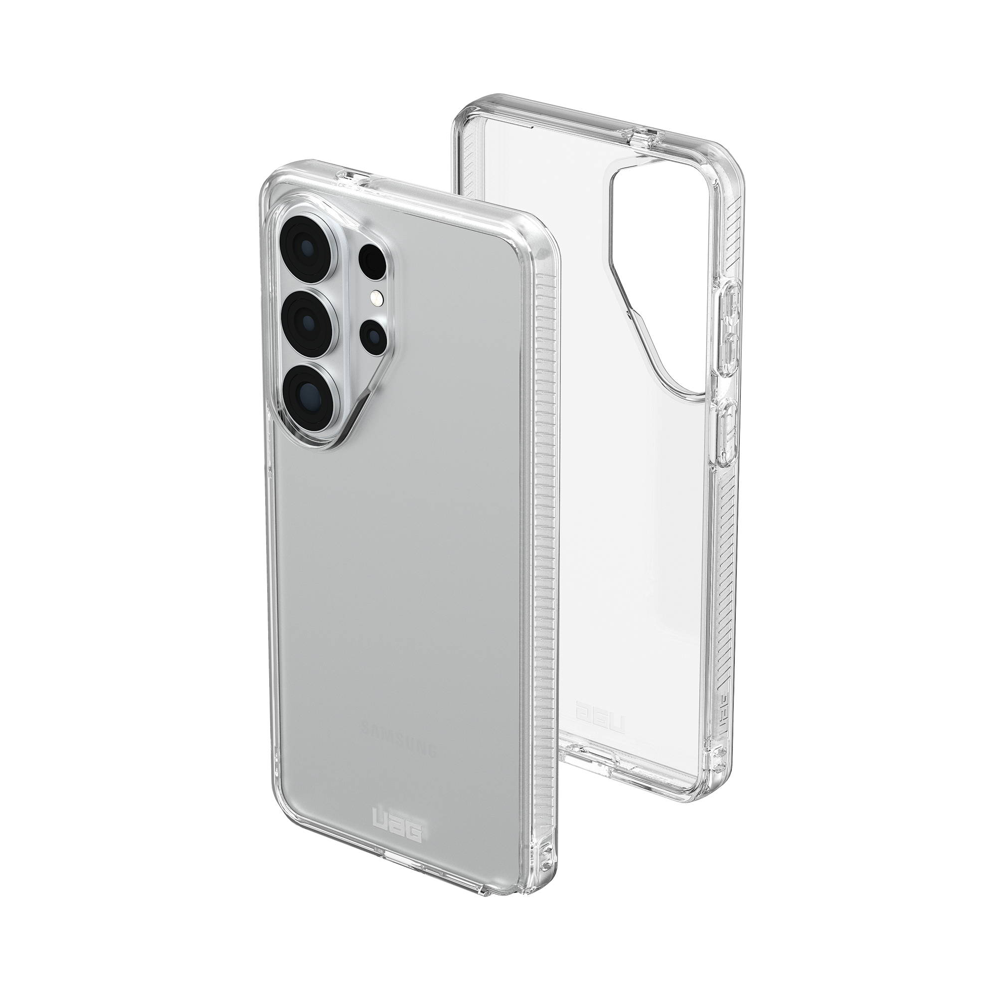 Ein durchsichtiger Handyhülle liegt neben einem Handy.