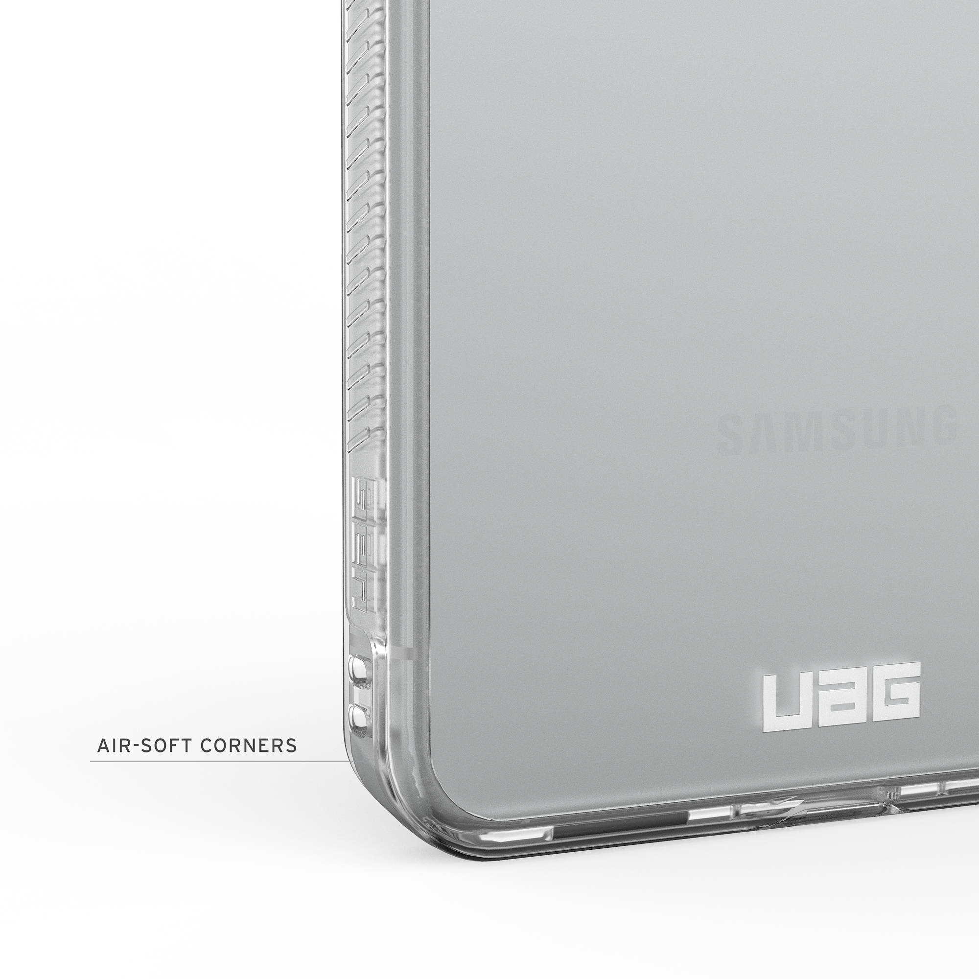 Transparente Handyhülle mit AIR-SOFT CORNERS und Samsung-Logo.