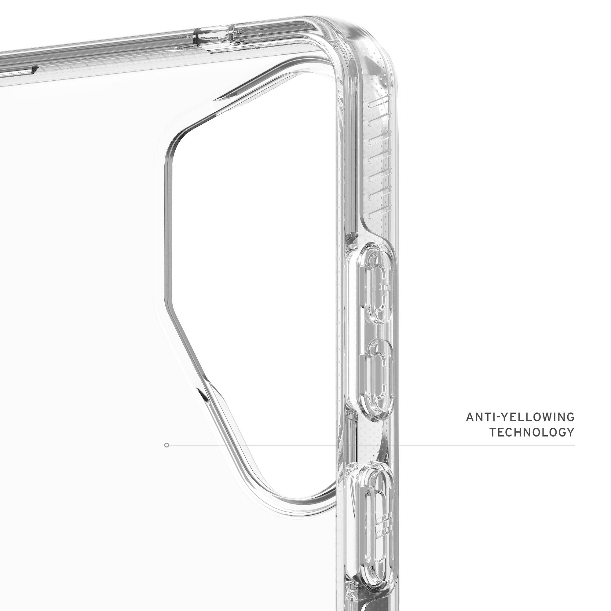 Transparenter Handyhülle mit Fokus auf die Knöpfe und "Anti-Yellowing Technology".