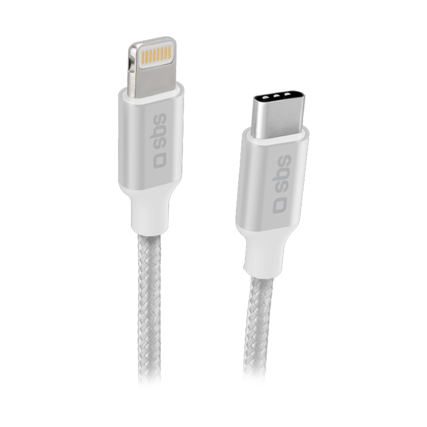 Ein silberner Lightning- und ein USB-C-Kabel von SBS.