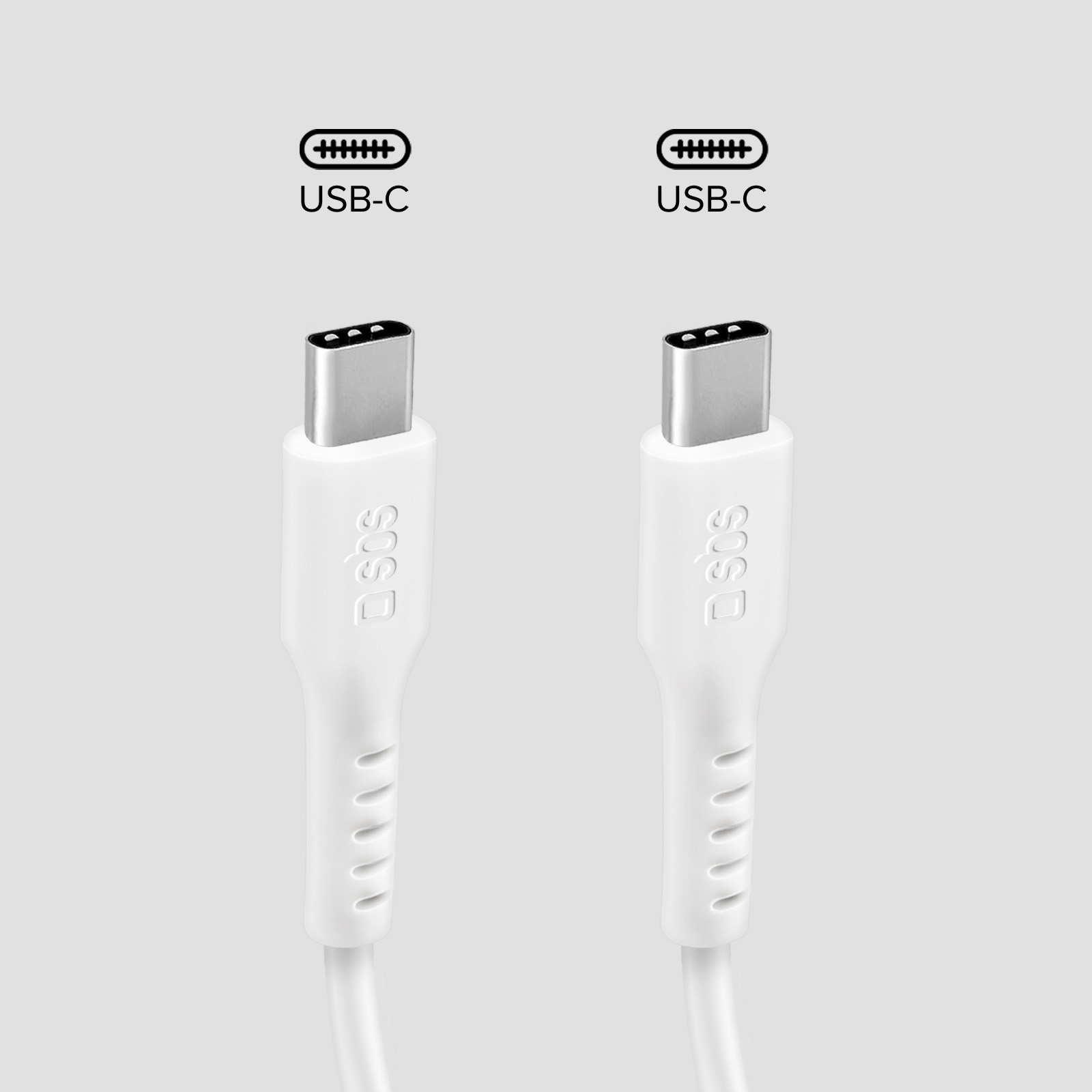 Zwei weiße USB-C-Kabelanschlüsse mit Symbolen und Logo.