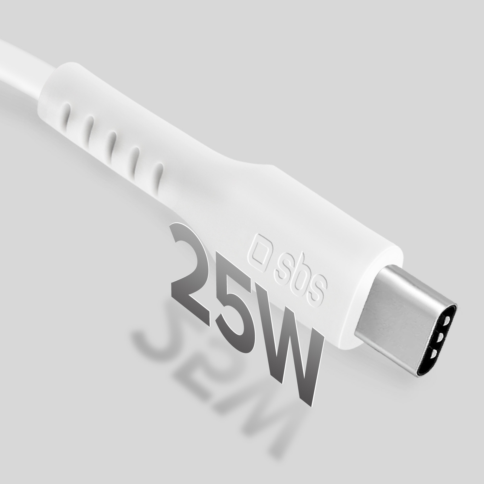 Weißes USB-C-Kabel mit 25 W Leistung und SBS-Logo.