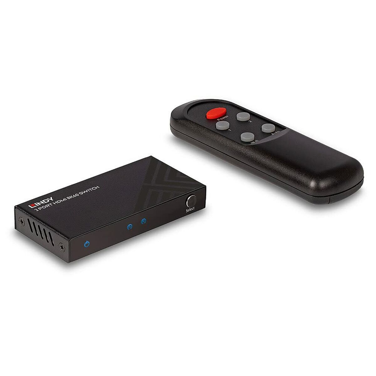 Schwarzer HDMI-Switch und Fernbedienung auf weißem Hintergrund.