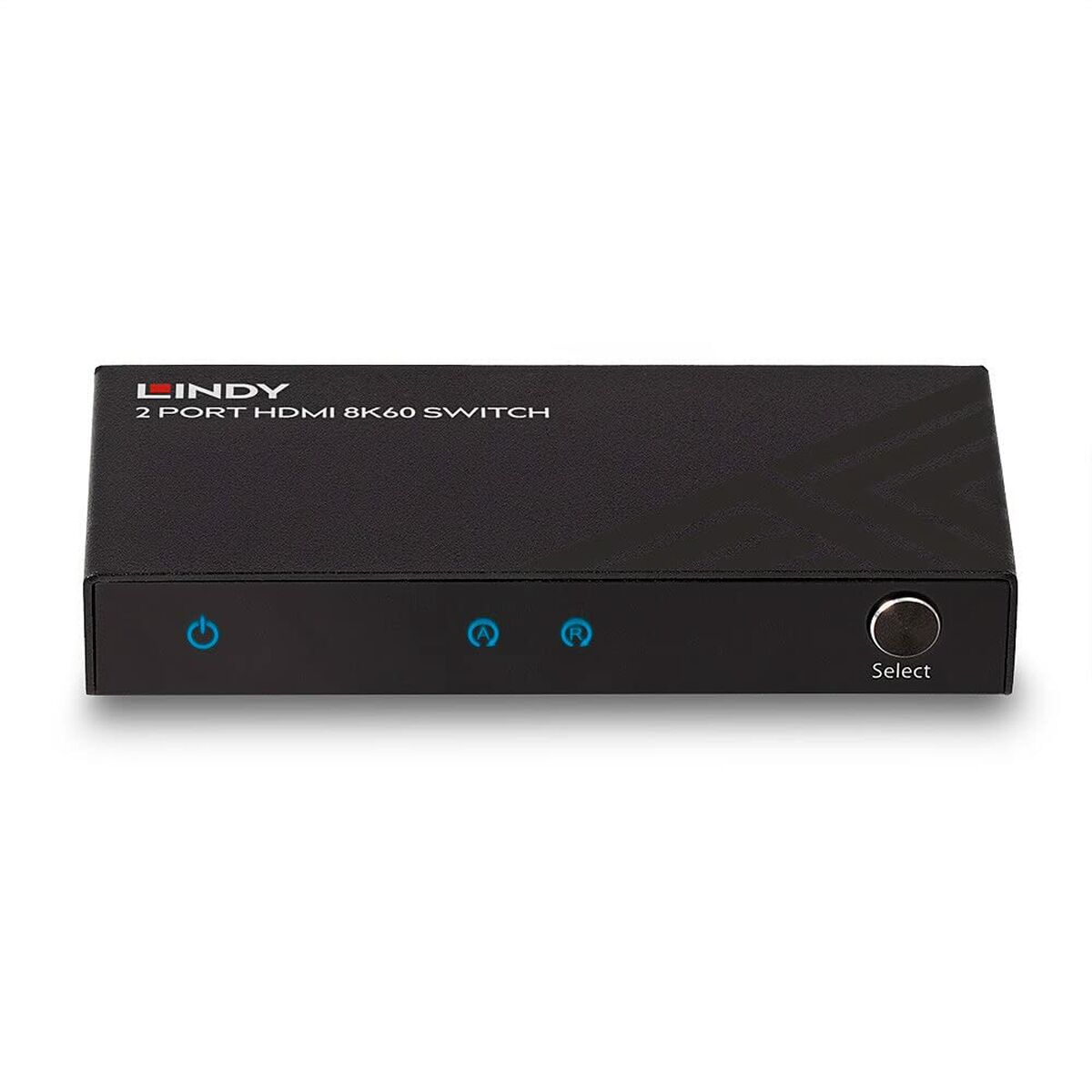 Schwarzer Lindy 2-Port HDMI 8K60 Switch mit blauen Lämpchen und Select-Knopf.