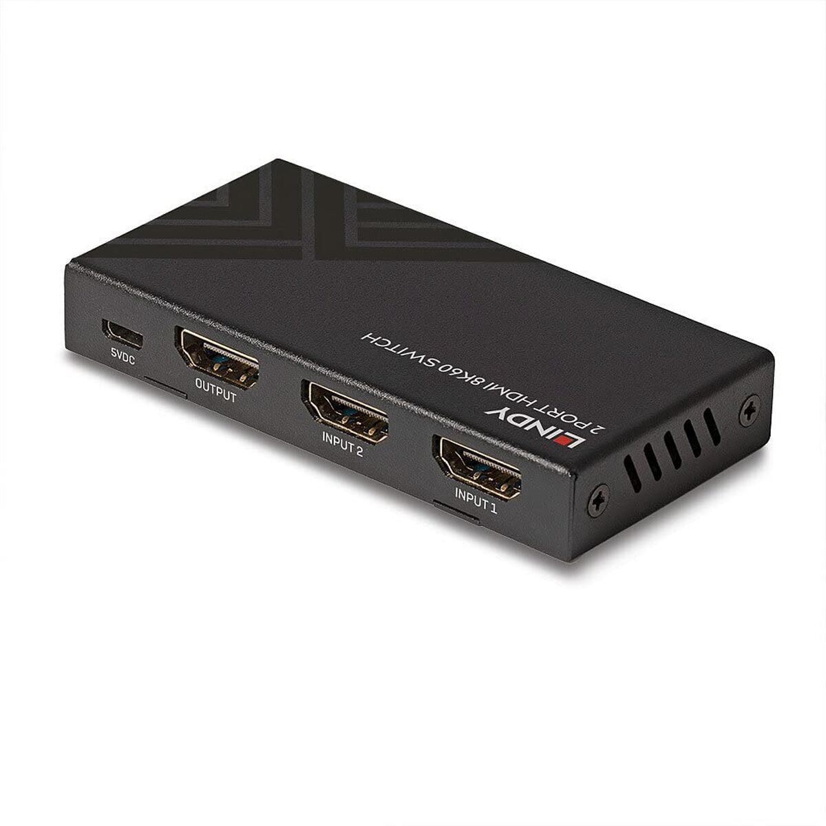 Schwarzer 2-Port HDMI 8K60 Switch mit Anschlüssen: 5VDC, Output, Input 2, Input 1.