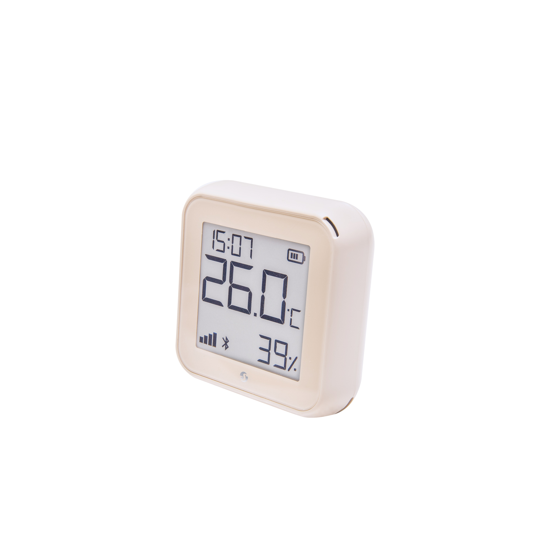 Ein beigefarbener digitaler Thermometer zeigt 26 Grad und 39% Luftfeuchtigkeit an.