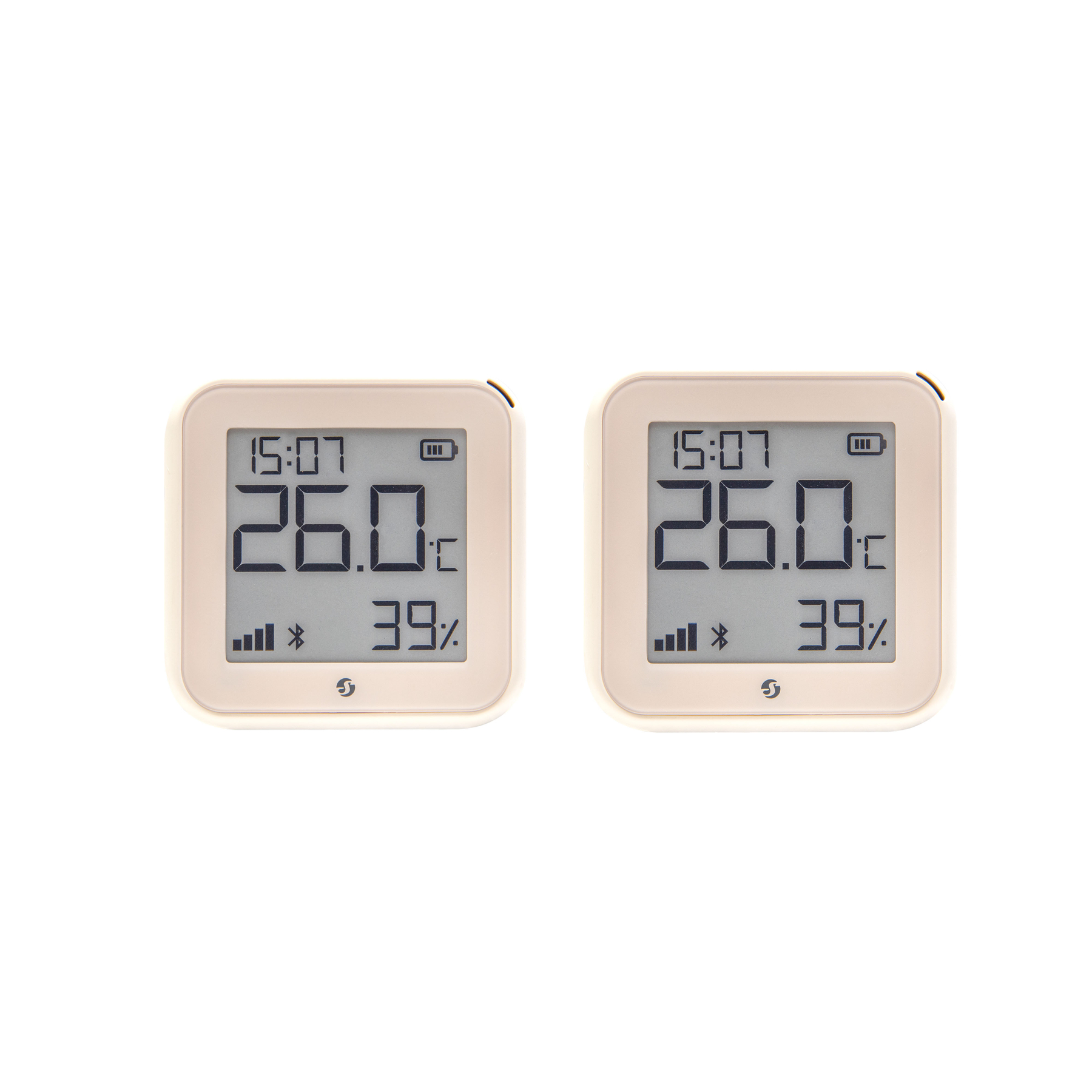 Zwei digitale Thermometer zeigen 26 Grad und 39% Luftfeuchtigkeit.